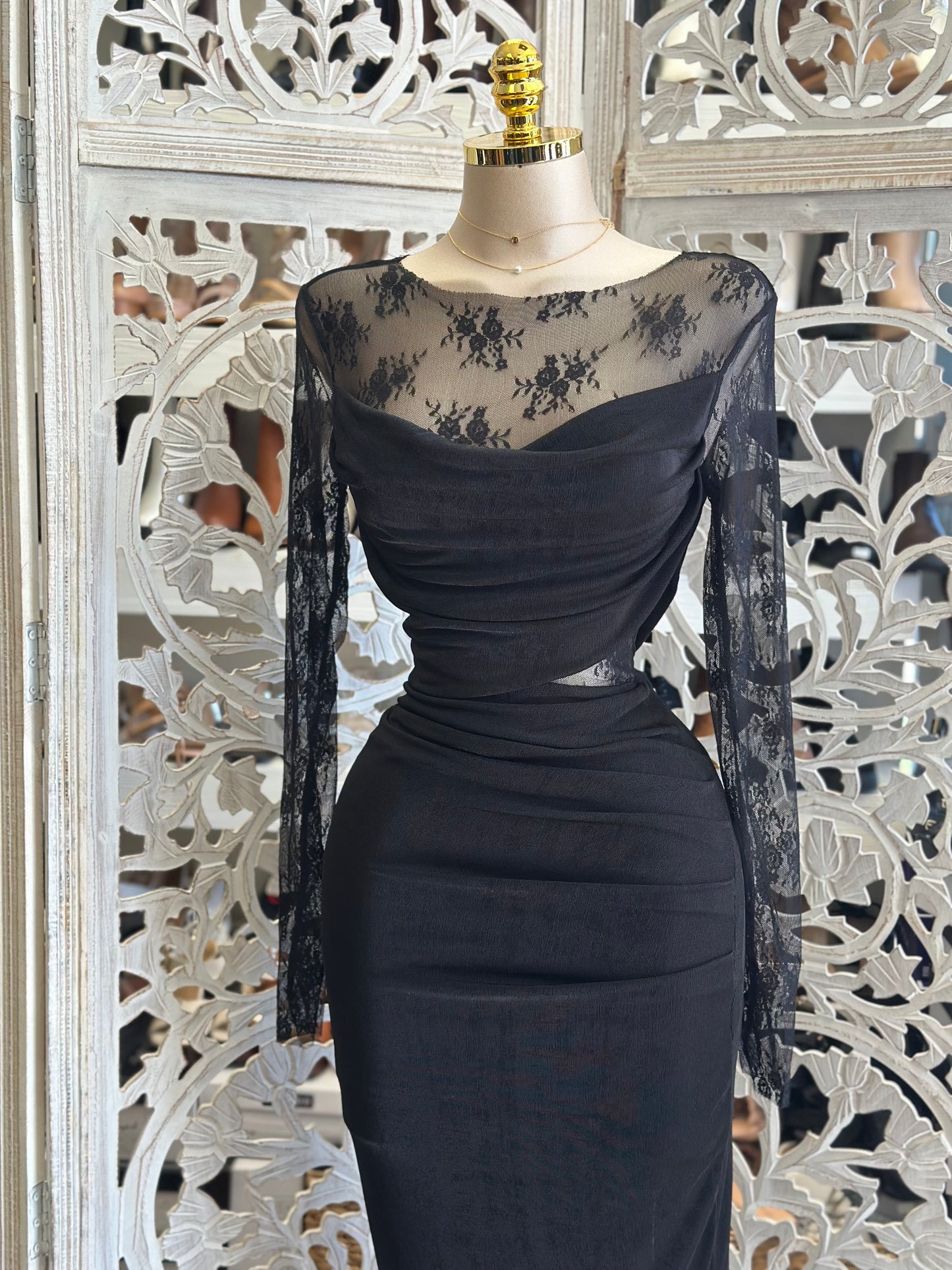 Mesh Floral Black Dress- Stretchy,Estira