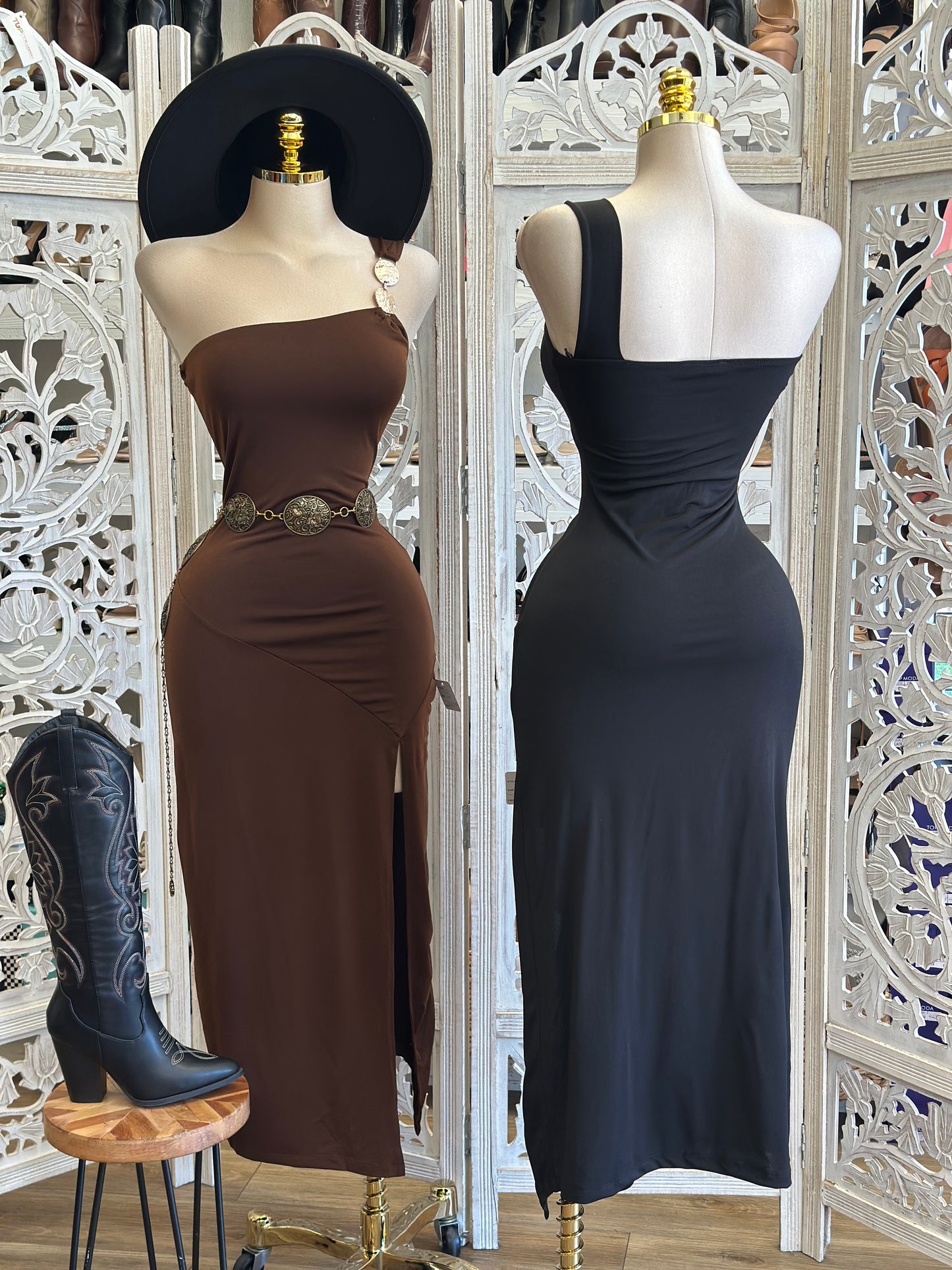 Gold Chain Strap Slit Dress - Estira, Stretchy