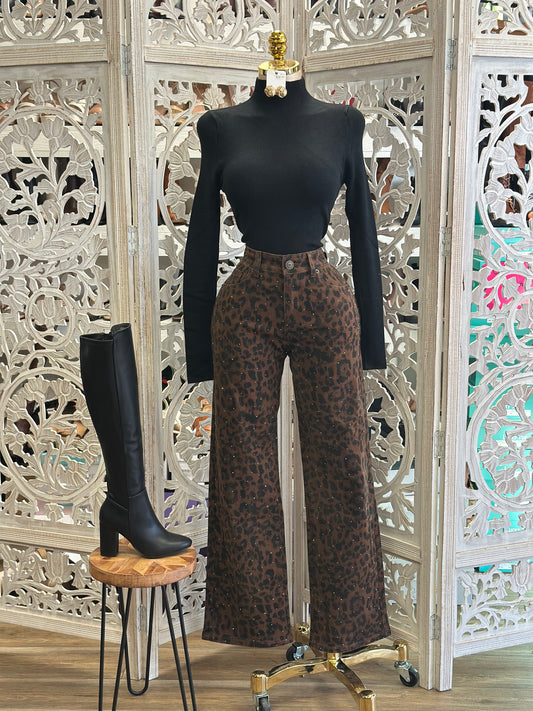 Leopard Brown Wide Leg Jeans - Not Stretchy, No Estira