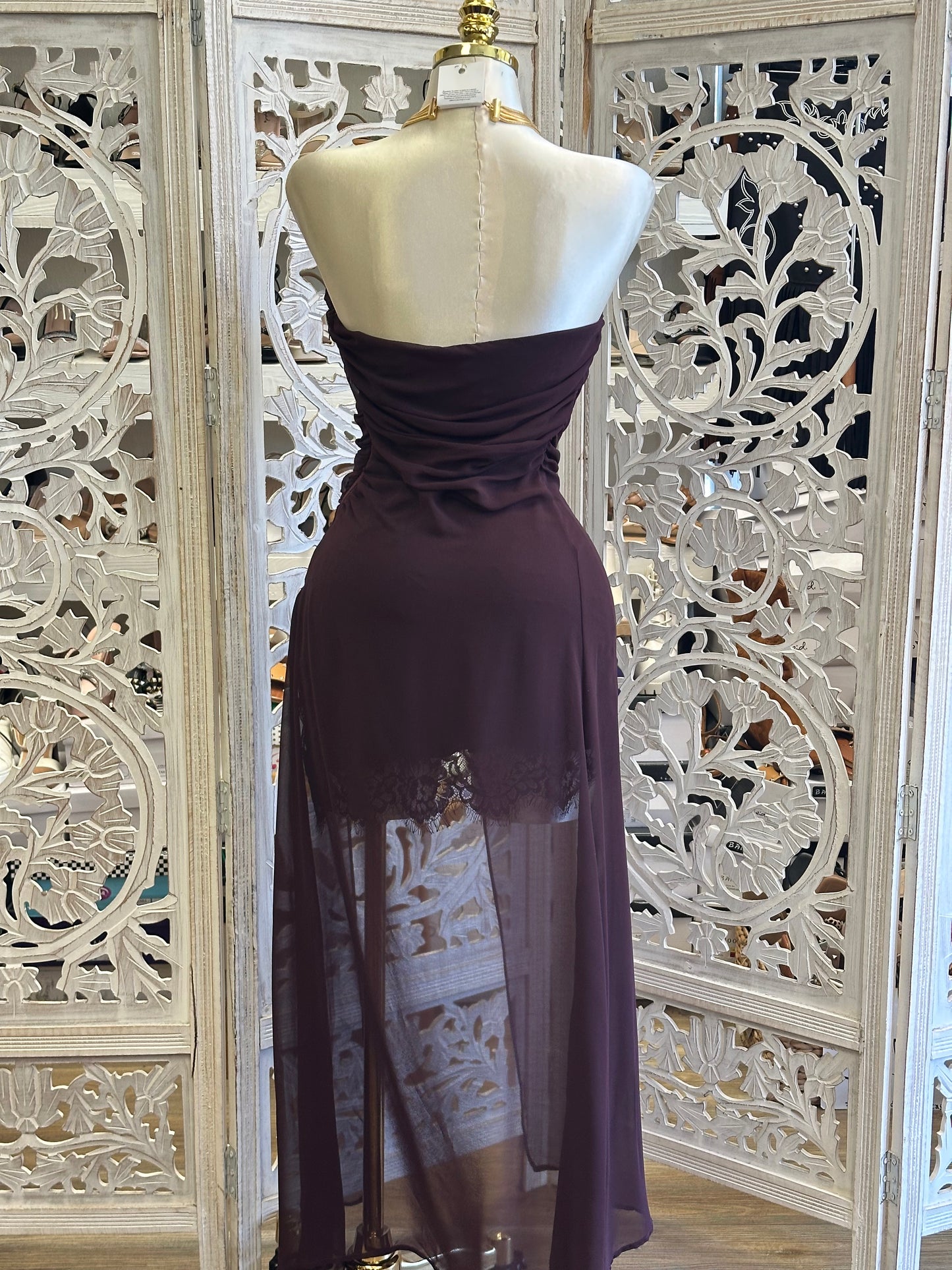 Plum Strapless Lace-Panel Maxi Dress — Stretchy,Estira poco