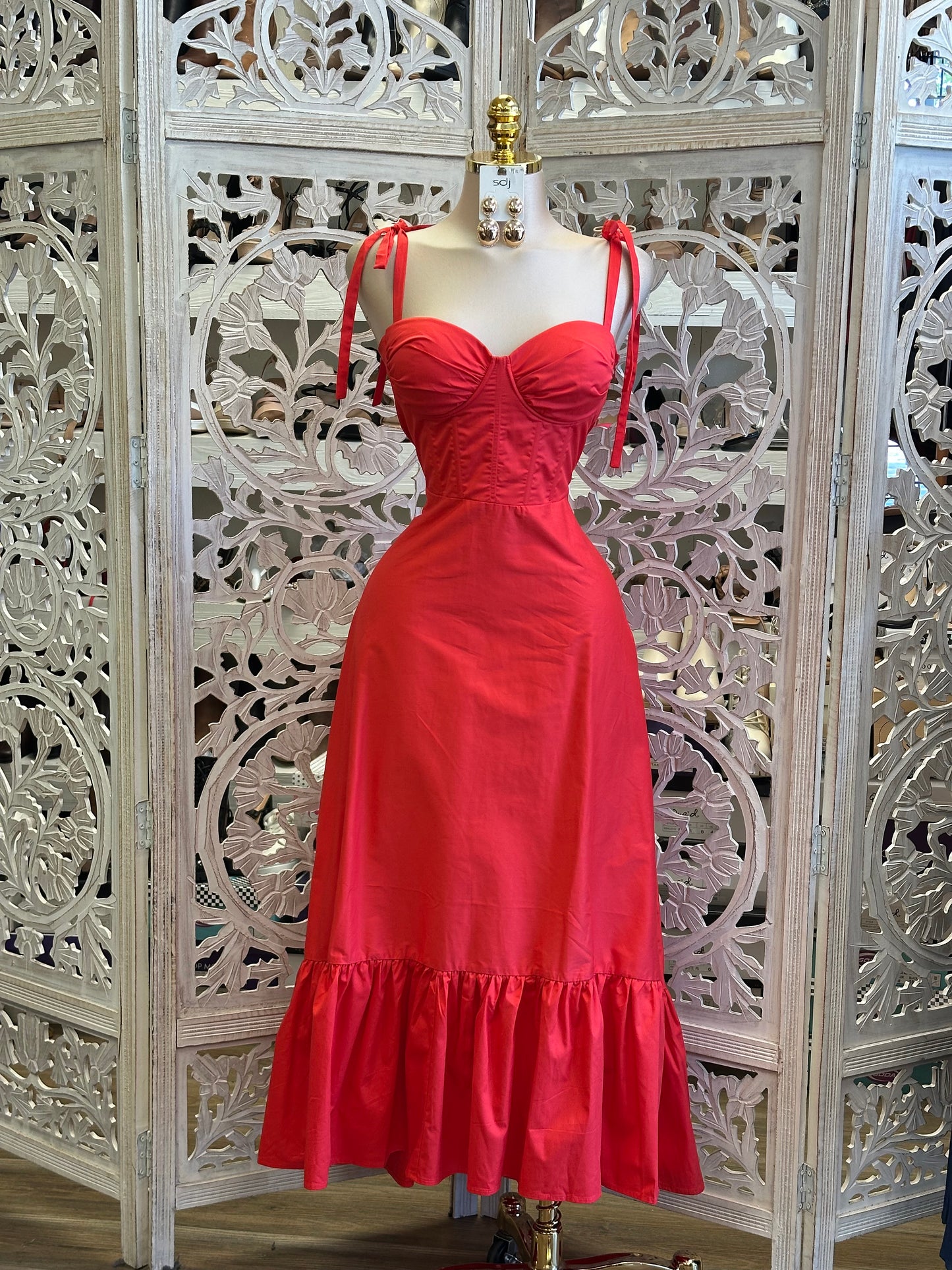 Cherry Corset Lined Midi Dress -Slightly Stretchy, Estira Poco