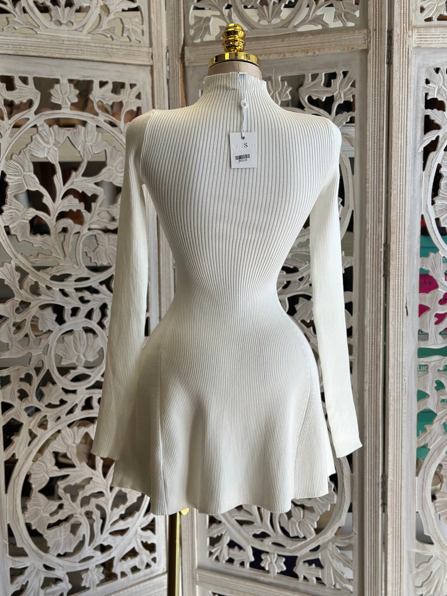 Ribbed Flowy Ivory Mini Dress- Stretchy,Estira