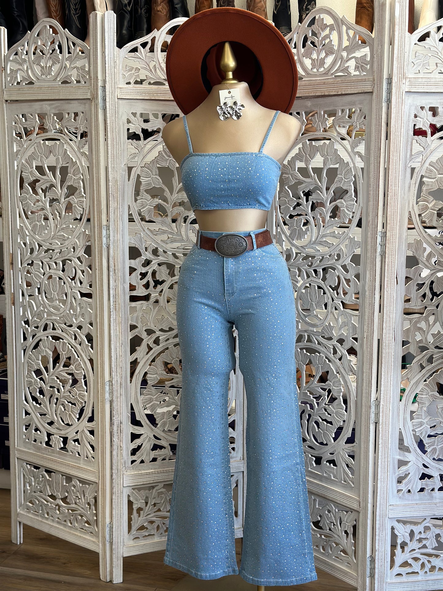 Rhinestone Jean and Crop Set- Slightly Stretchy, Estira Poco