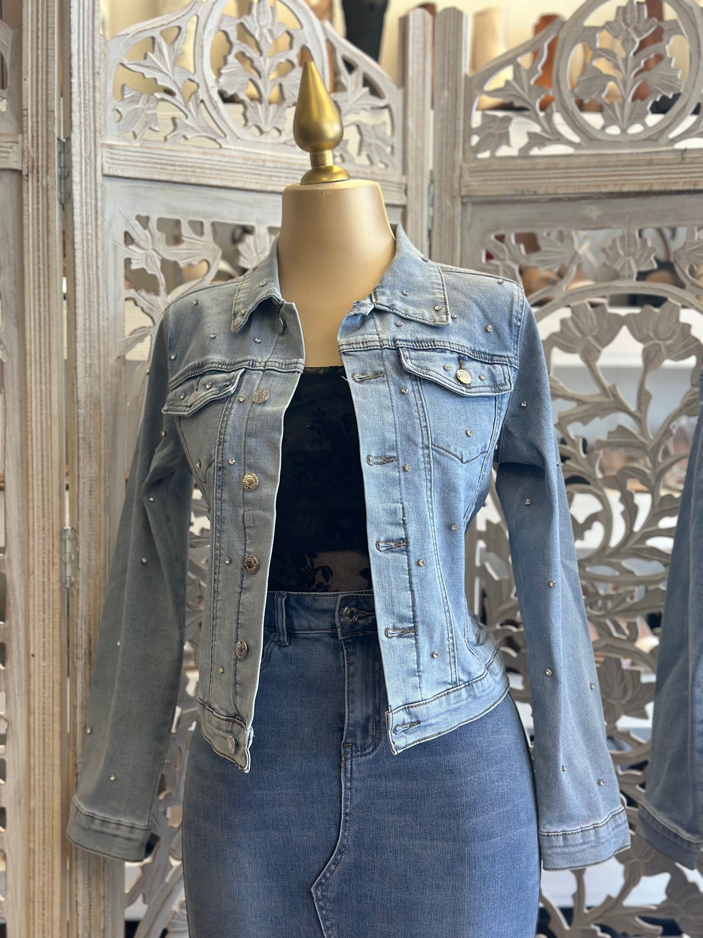 Rhinestone Detail Denim Jacket- Stretchy