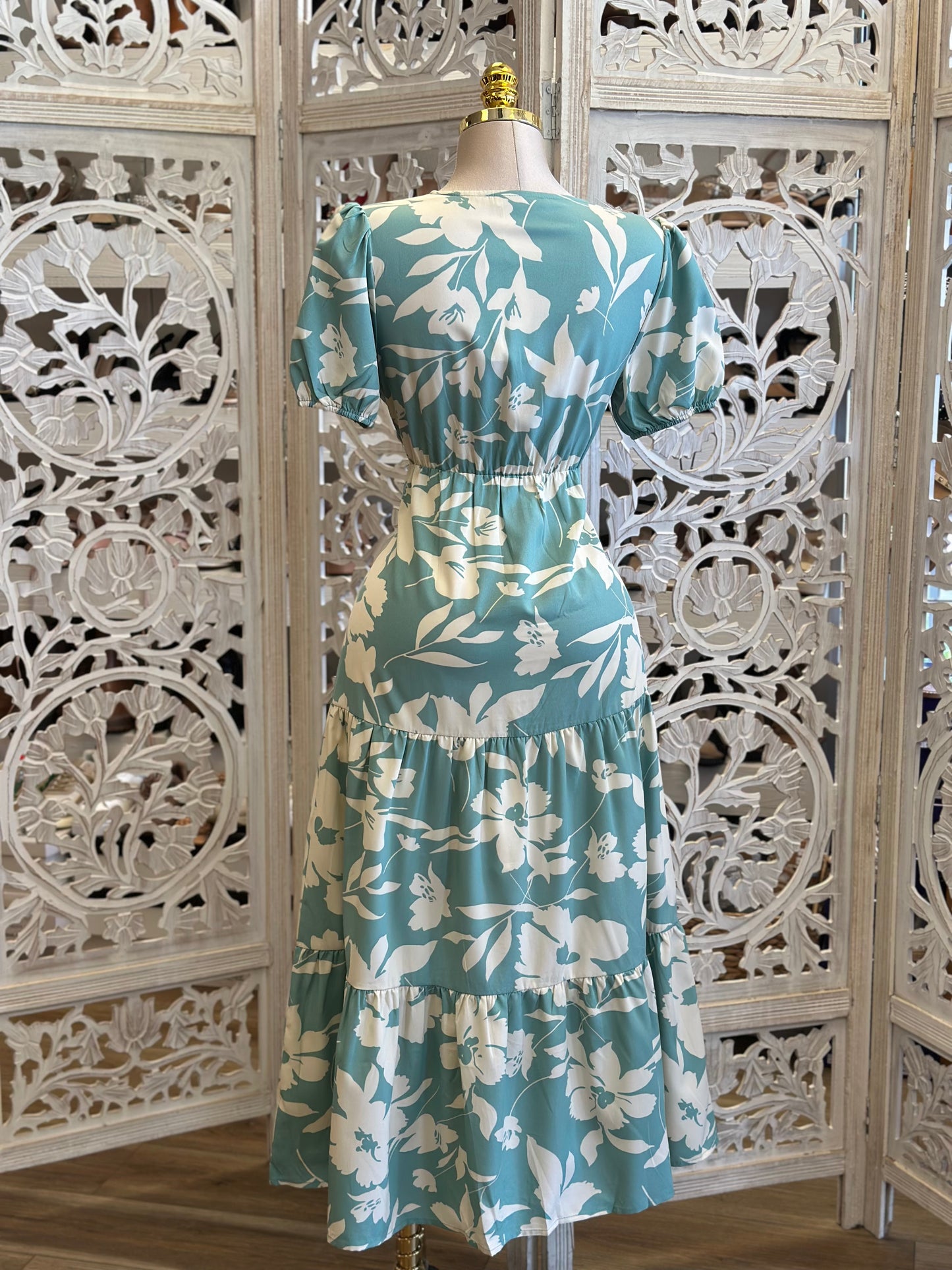 Turquiose Floral Maxi Dress- Not Stretchy , No Estira