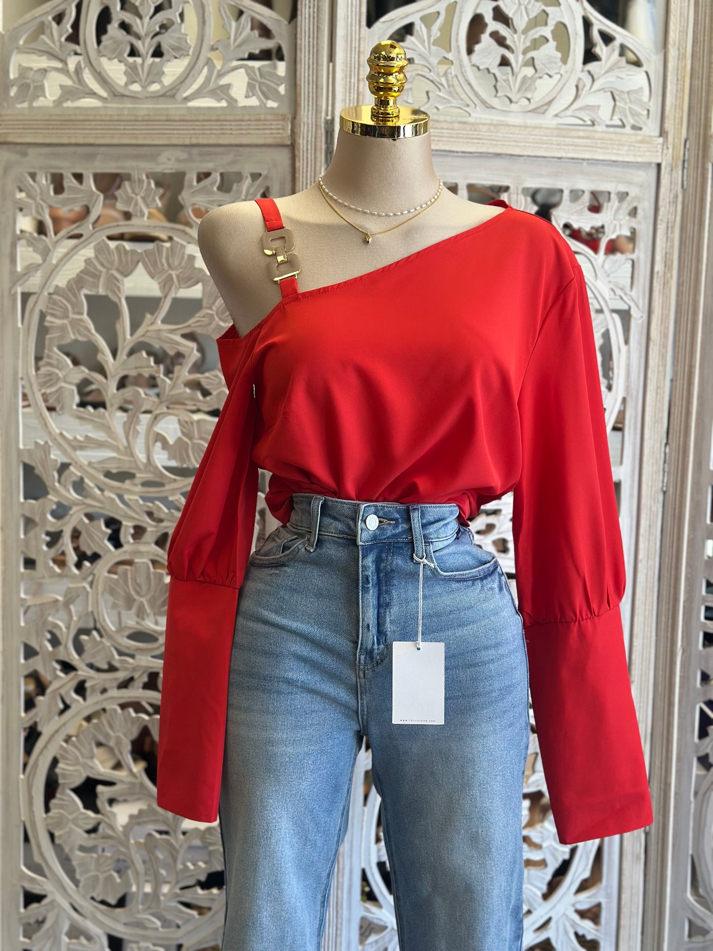 One Shoulder Gold Detail Blouse- No Estira, Not Stretchy