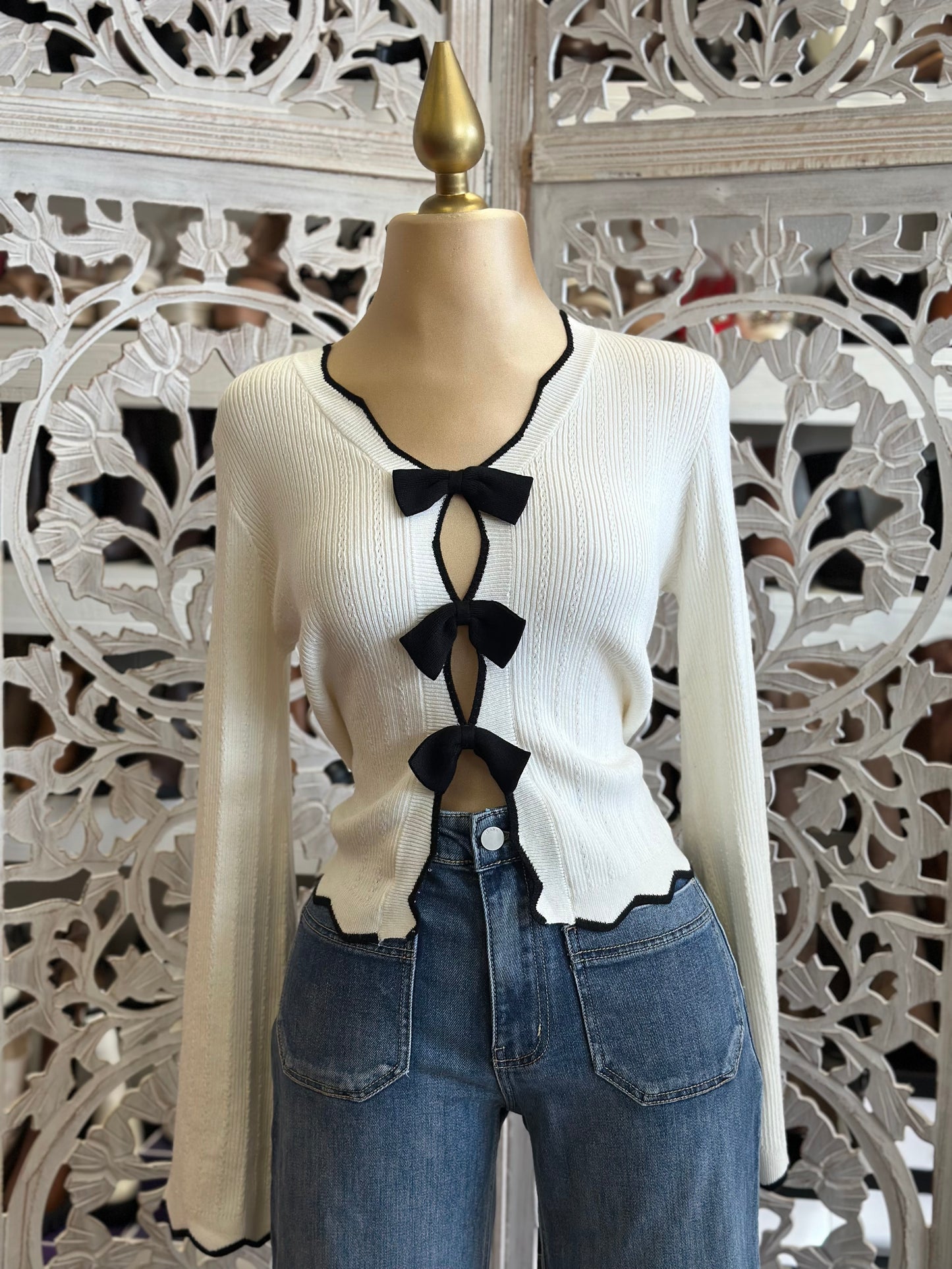 Black Bow Button Knitted Top- Estira, Stretchy