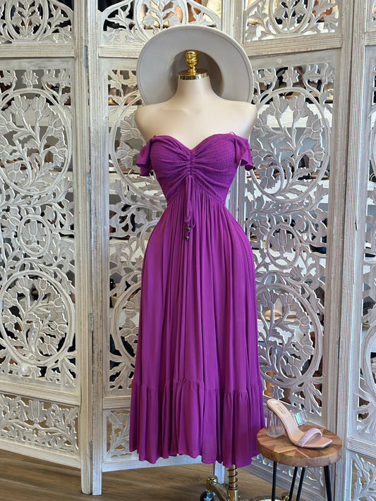 Purple Smocked Linen Maxi Dress- Estira, Stretchy