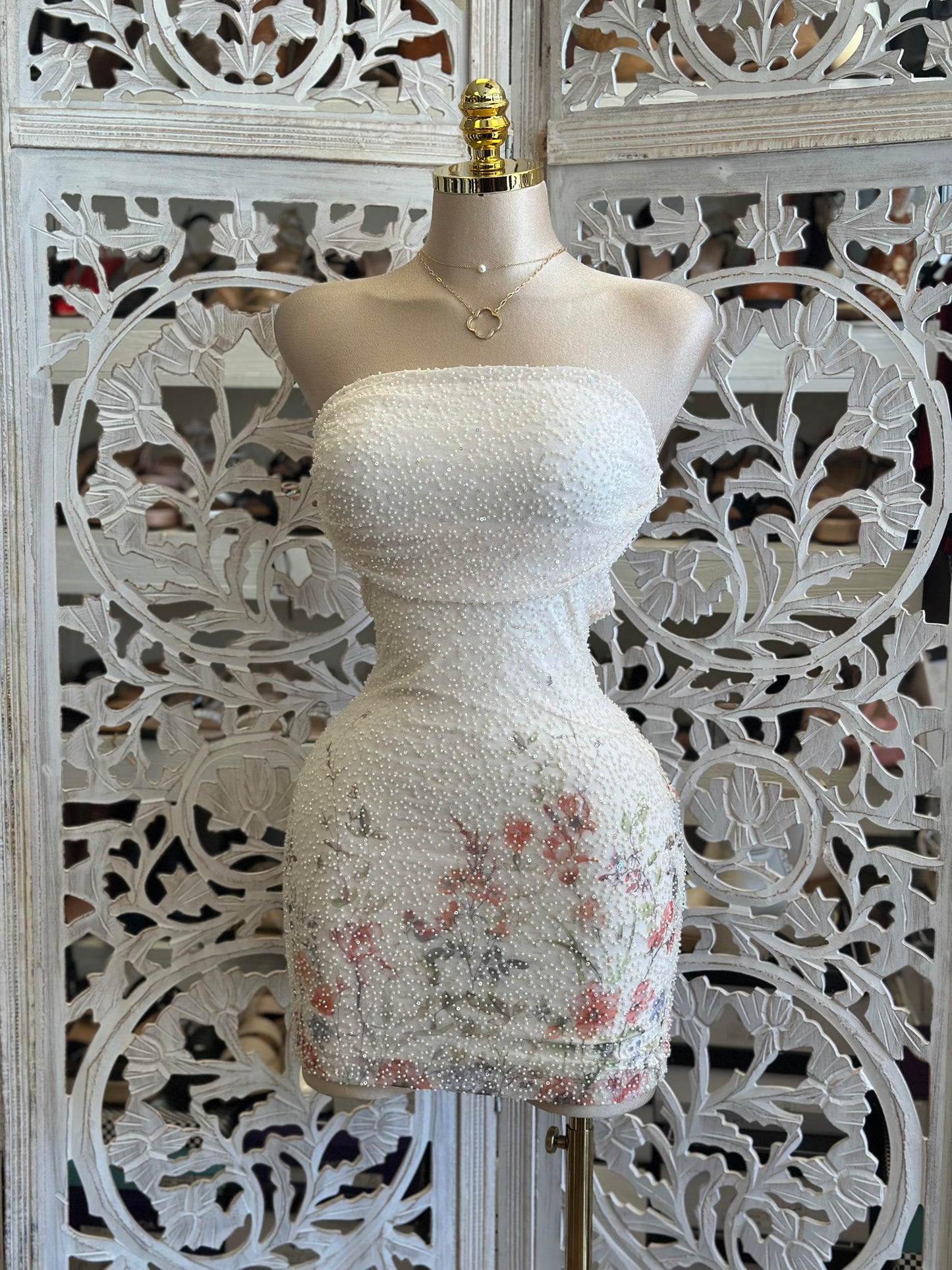 Embellished Floral Mini Dress- Stretchy, Estira