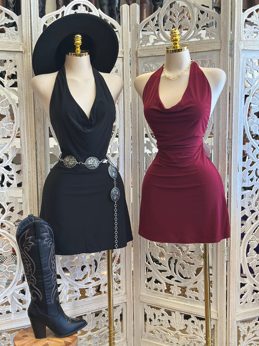 Cowl Neck Backless Mini Dress - Estira, Stretchy