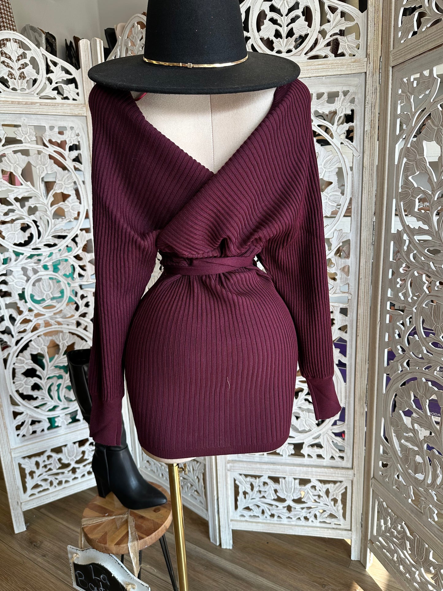 Dark Burgundy Wrapped Sweater Mini Dress- Stretchy,Estira