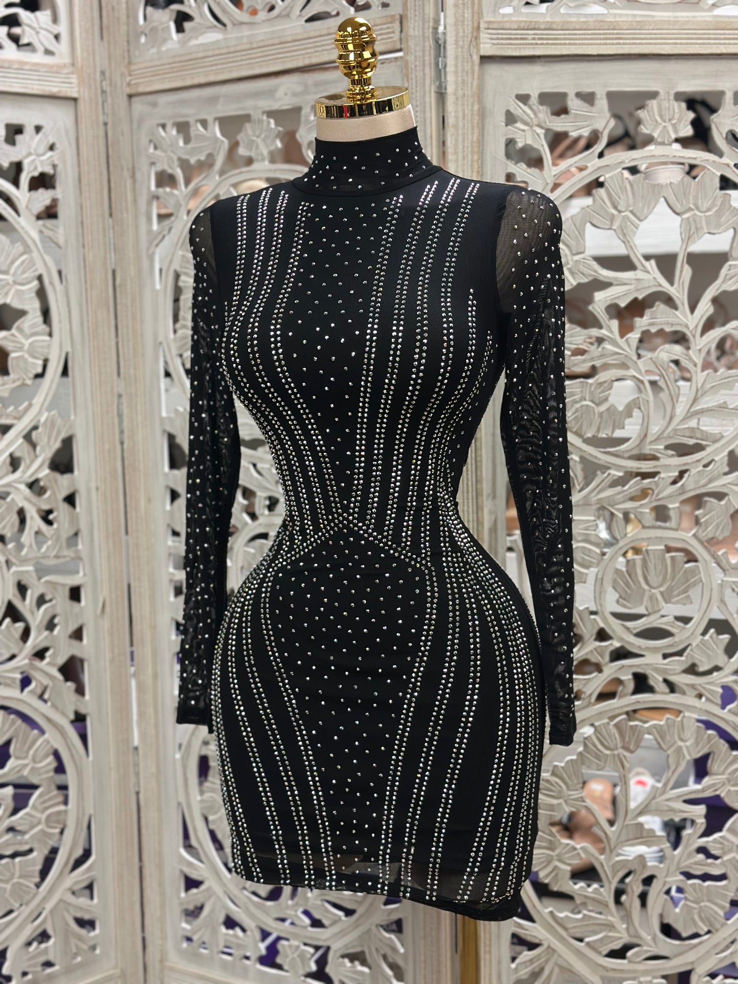 Geometric Black Rhinestone Mini Dress- Slightly Stretchy,Estira Poco