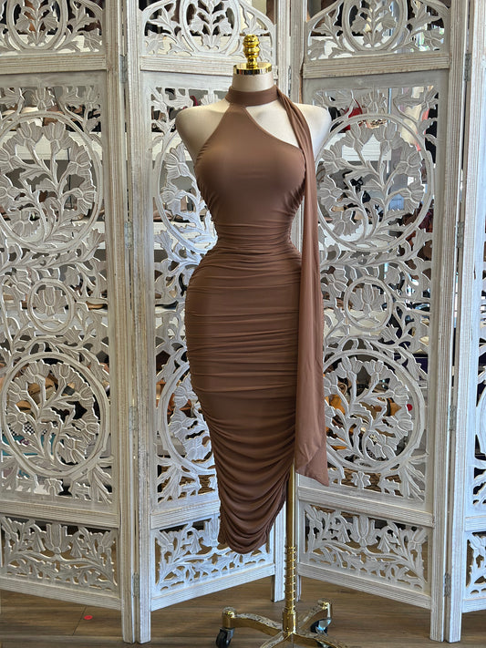 Brown Ruched Scarfed Midi Dress -  Estira, Stretchy