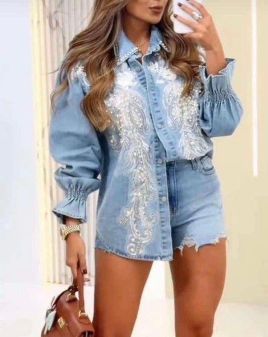 Denim Shimmer Embroidered Blouse