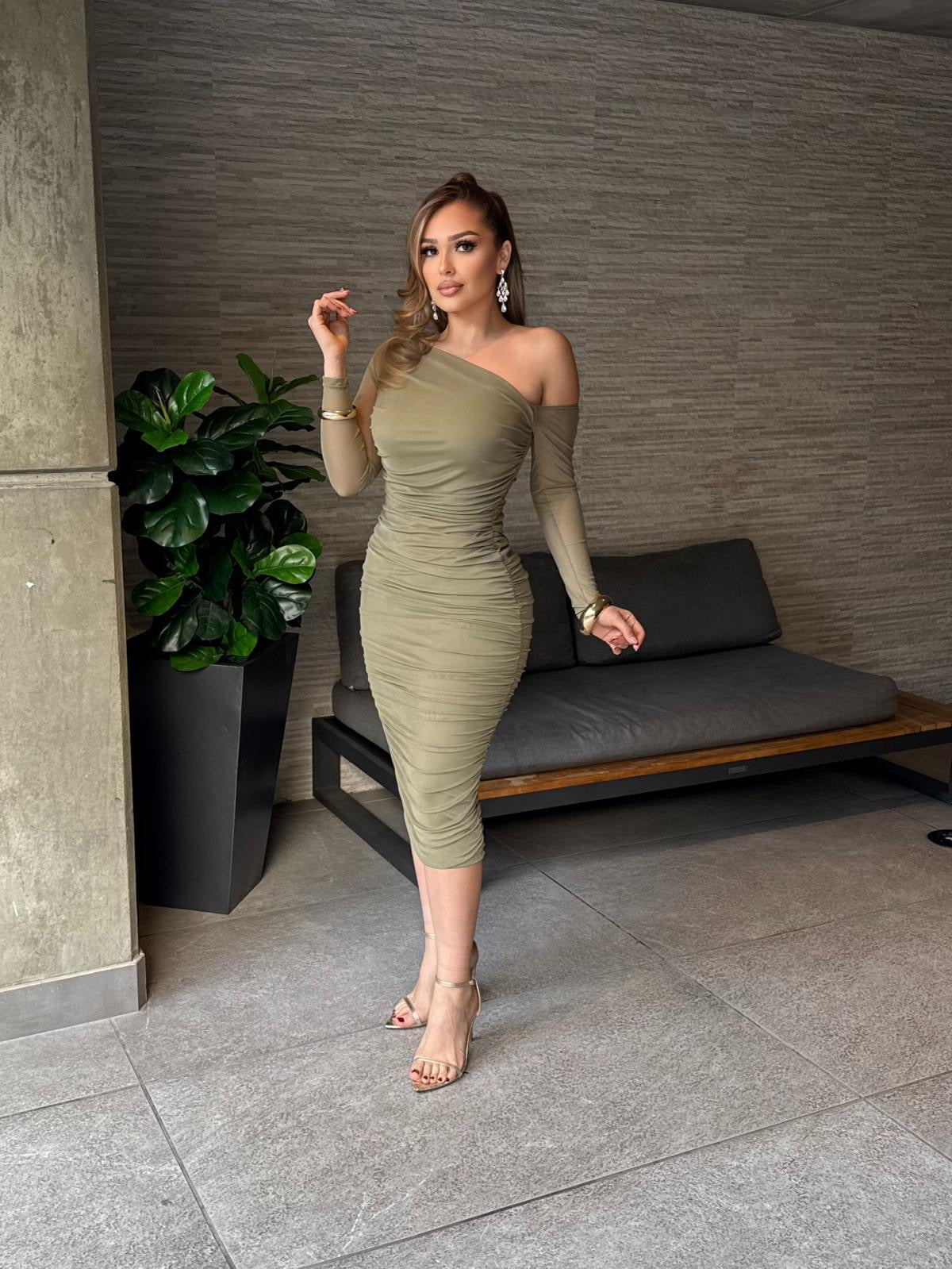 Olive Asymmetrical Mesh Sleeve Dress-Stretchy,Estira