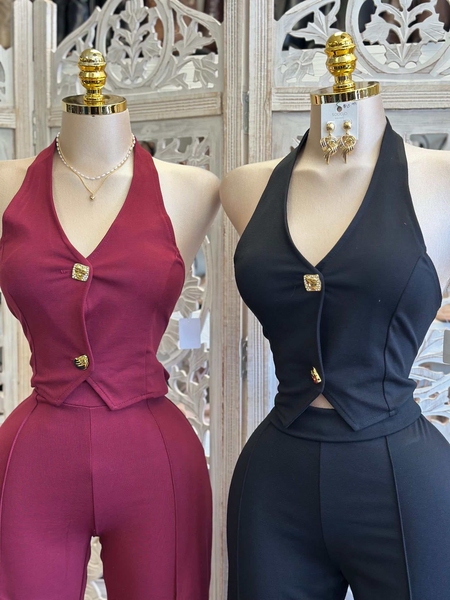 Gold Button Pantsuit Set- Estira Poco, Slightly Stretchy