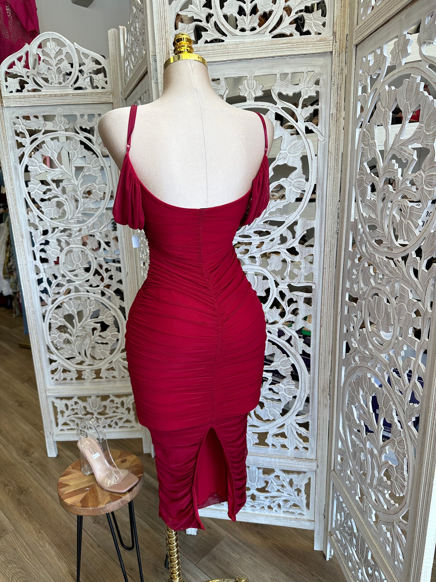 Cherry Red Mesh Midi Dress - Estira, Stretchy
