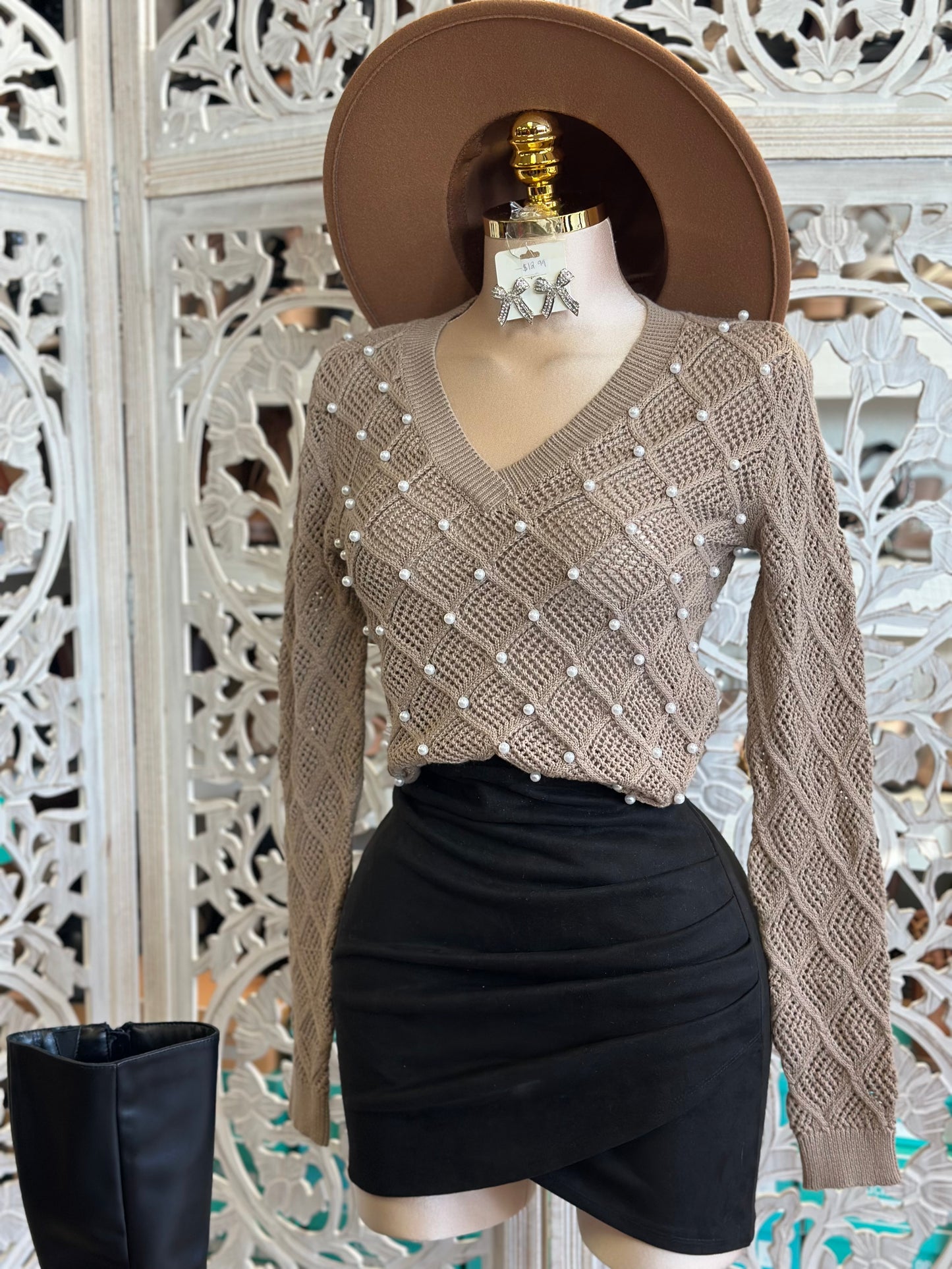 Beige Netted Pearl Knit Sweater