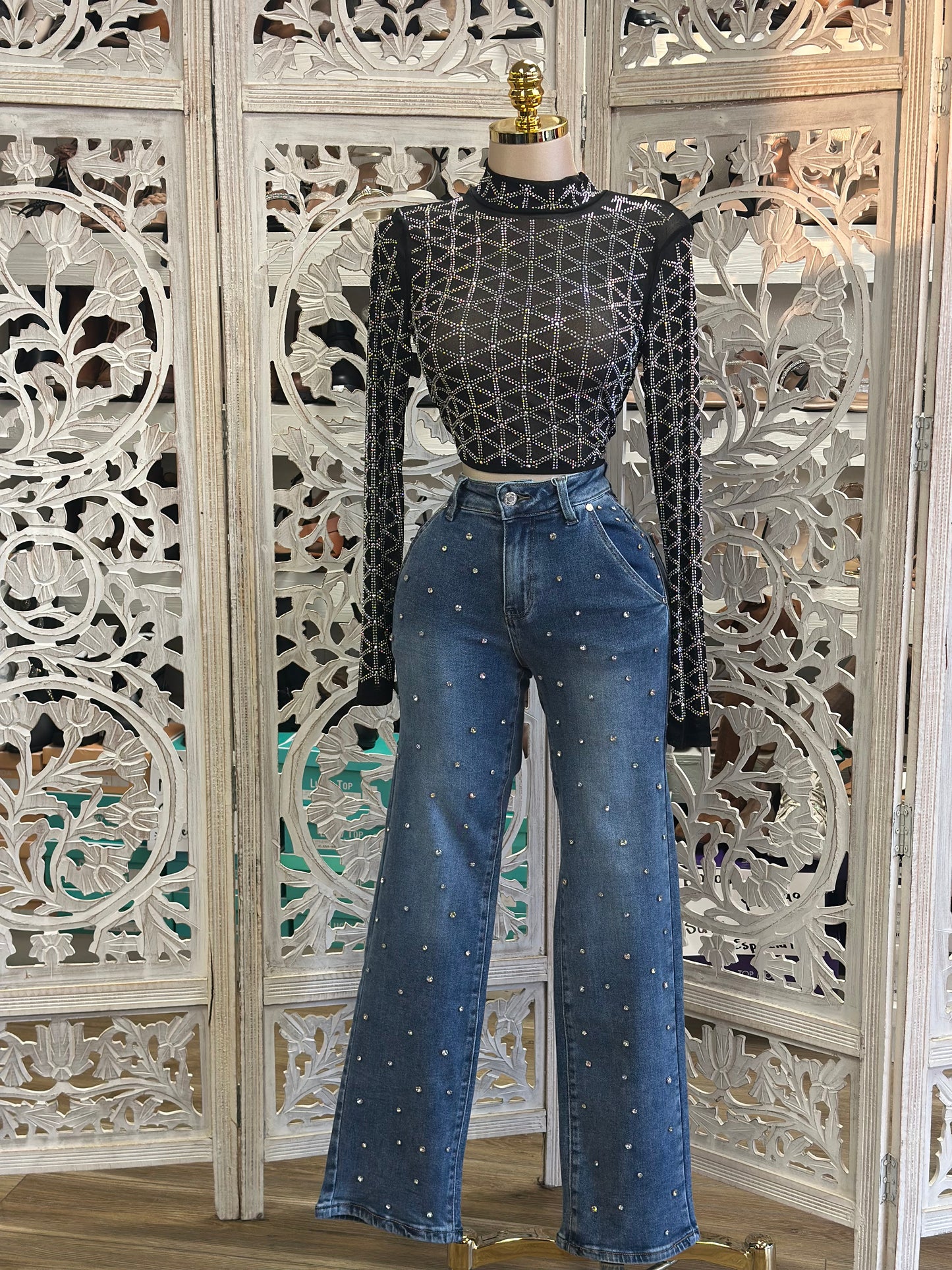 Rhinestone Dark Wash Denim Straight Jeans - Stretchy, Estira