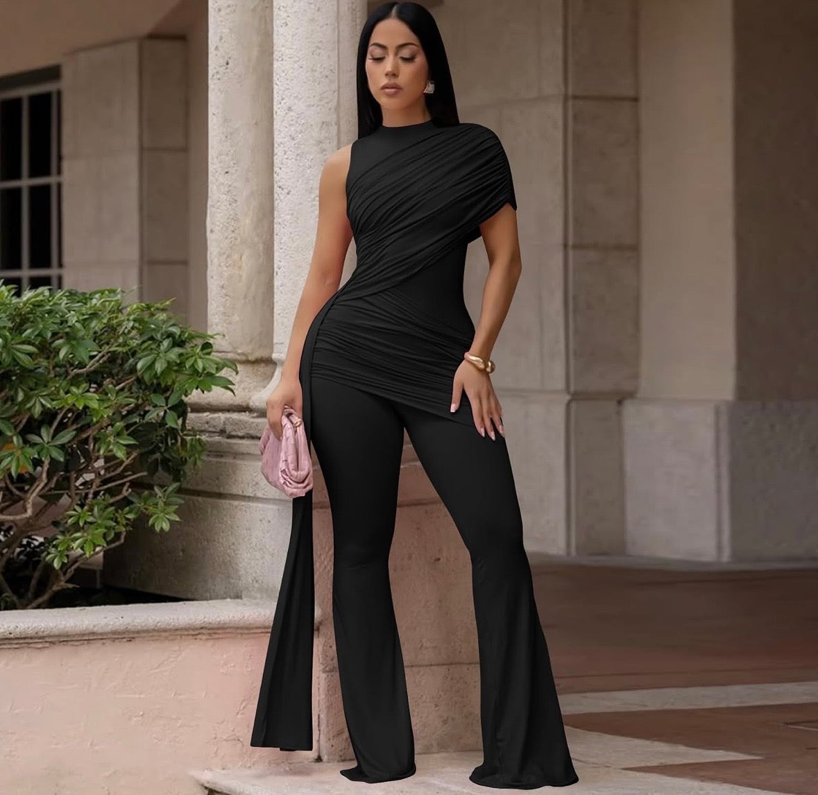 Black Wrapped Blouse and Pants Set- Stretchy, Estira