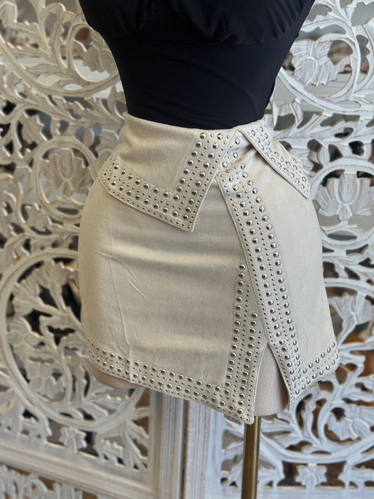 Ivory Suede Studded Mini Skirt- Stretchy , Estira