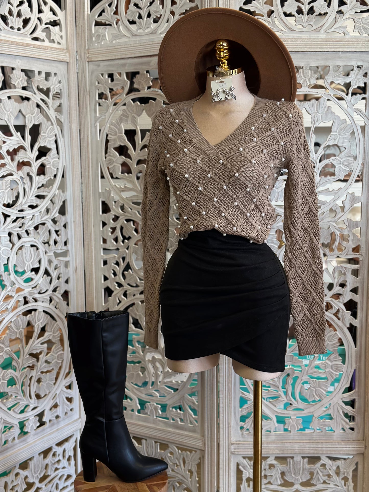 Beige Netted Pearl Knit Sweater