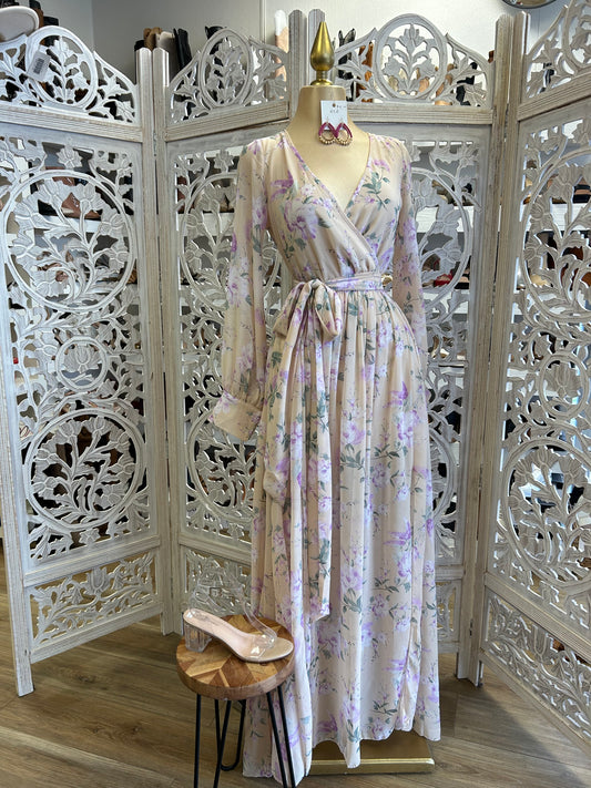 Beige Floral Wrapped Maxi Dress- Slightly Stretchy