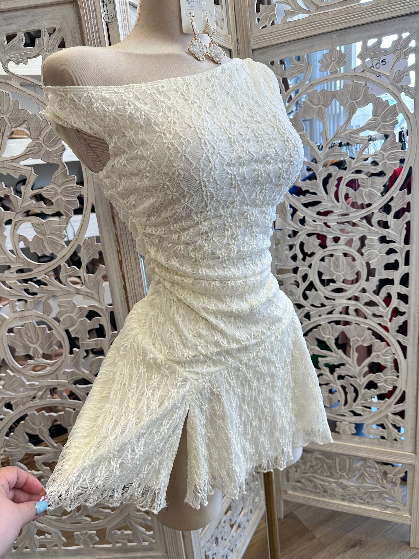 Asymmetrical Ivory Mini Lace Dress- Slightly Stretchy , Estira Poco