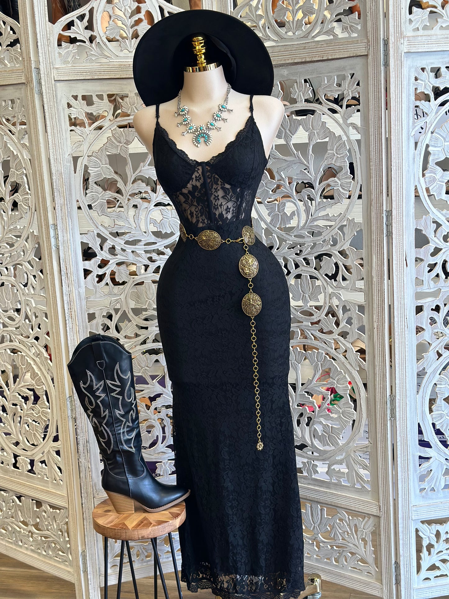 Black Lace Maxi Dress- Stretchy, Estira