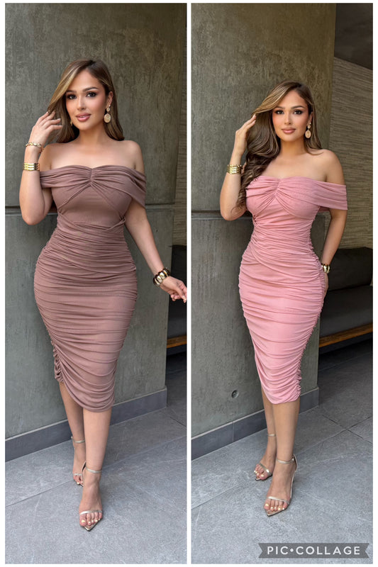 Off Shoulder Ruched Dress- Estira, Stretchy