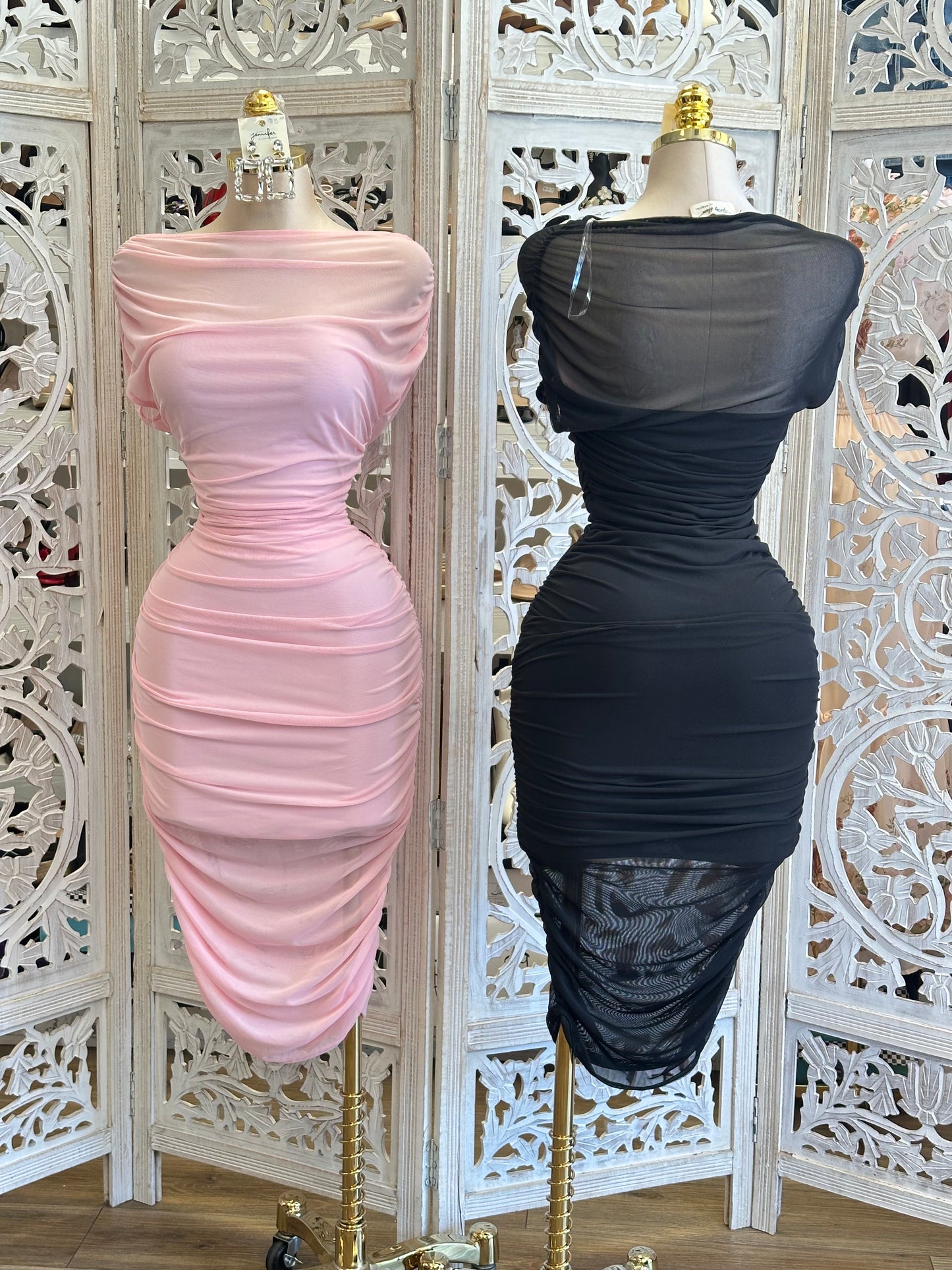 Boatneck Ruched Midi Dress- Estira, Stretchy