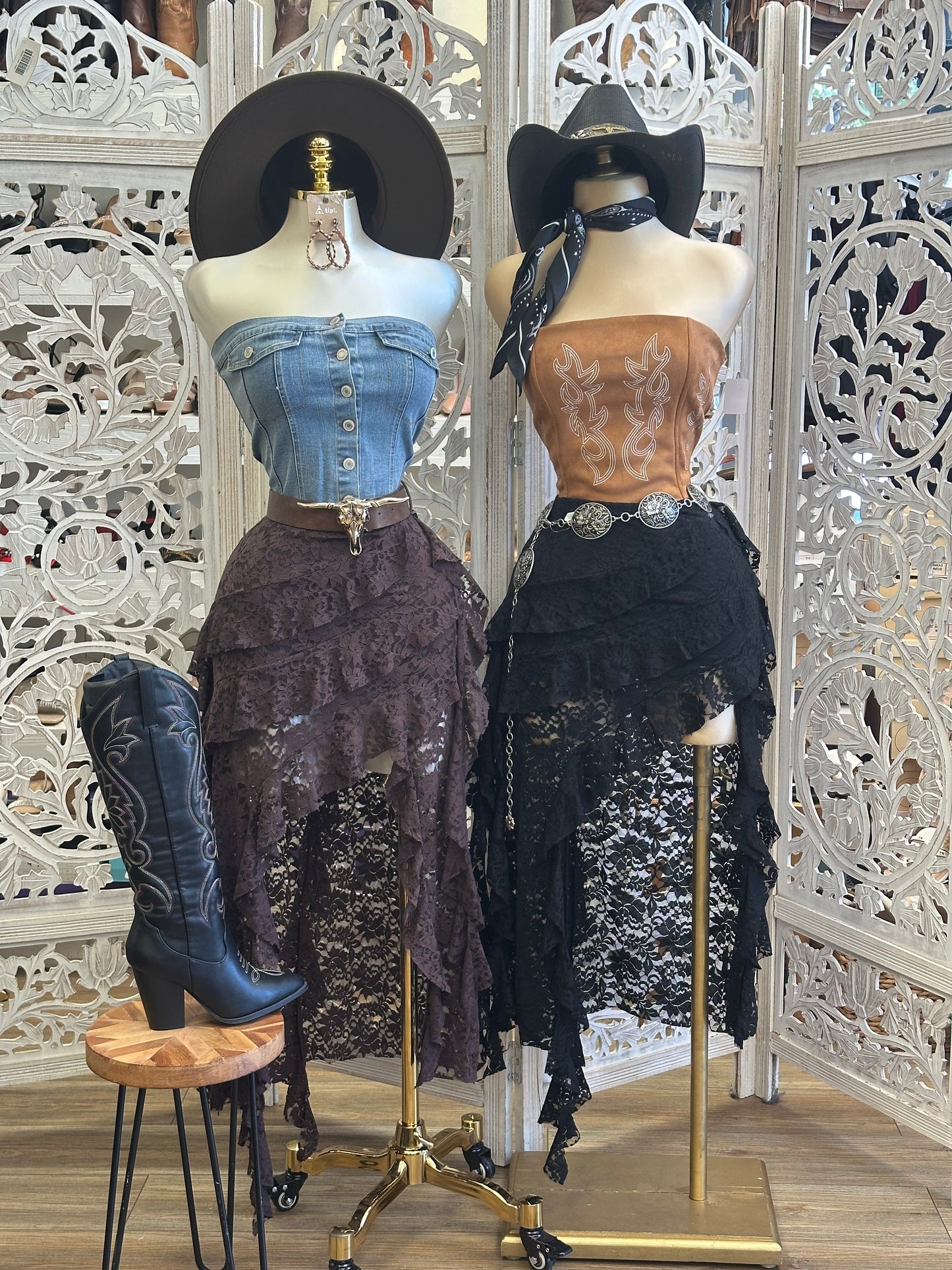 High Low Lace Midi Skirt- Estira , Stretchy