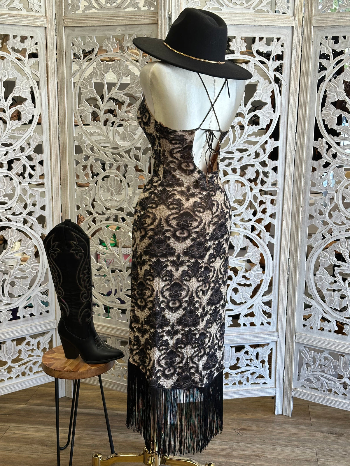 Midnight Damask Asymmetric Fringe Midi Dress - Stretchy, Estira