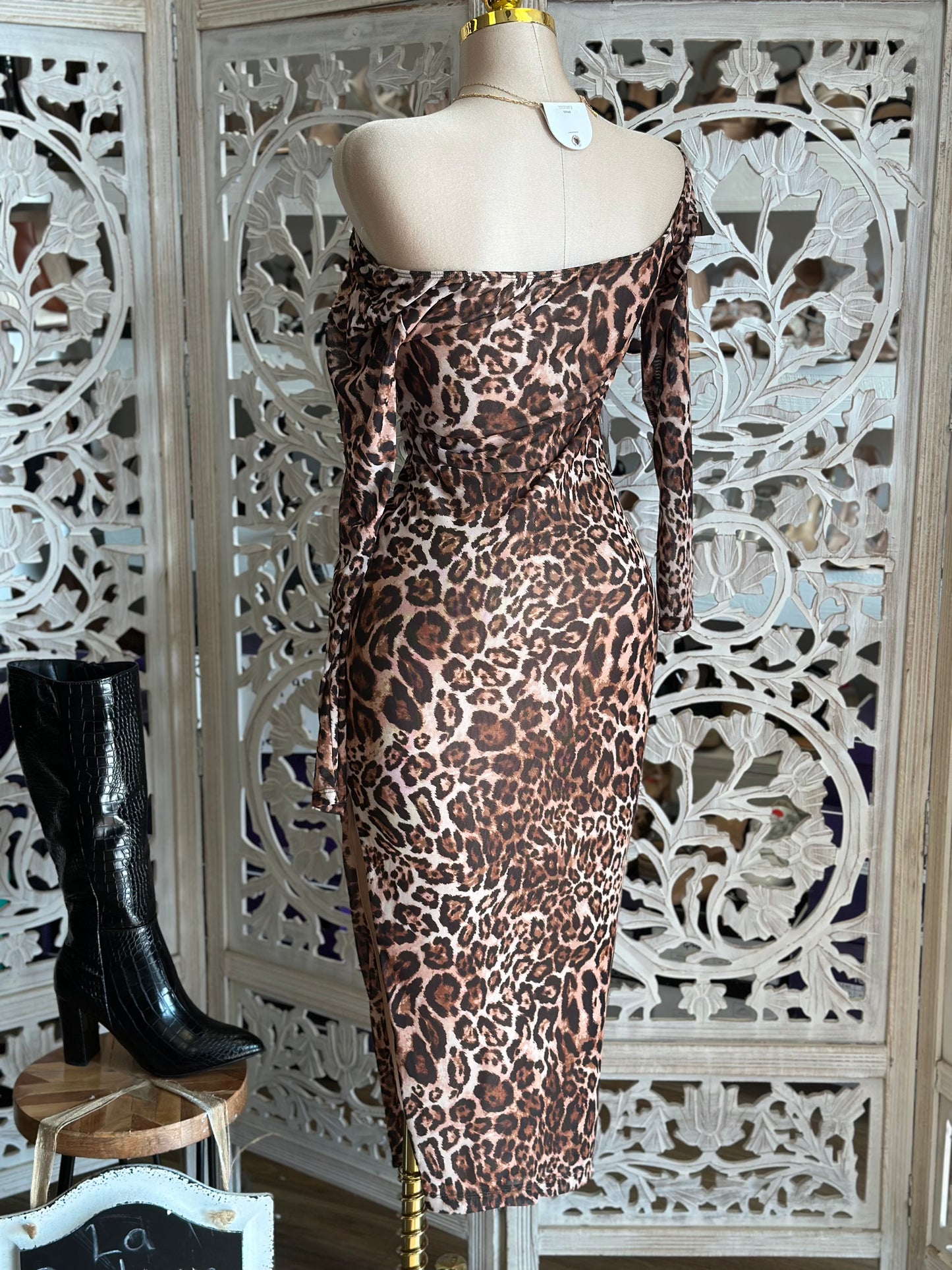 Cheetah Draped Sleeve Midi Dress- Stretchy,Estira