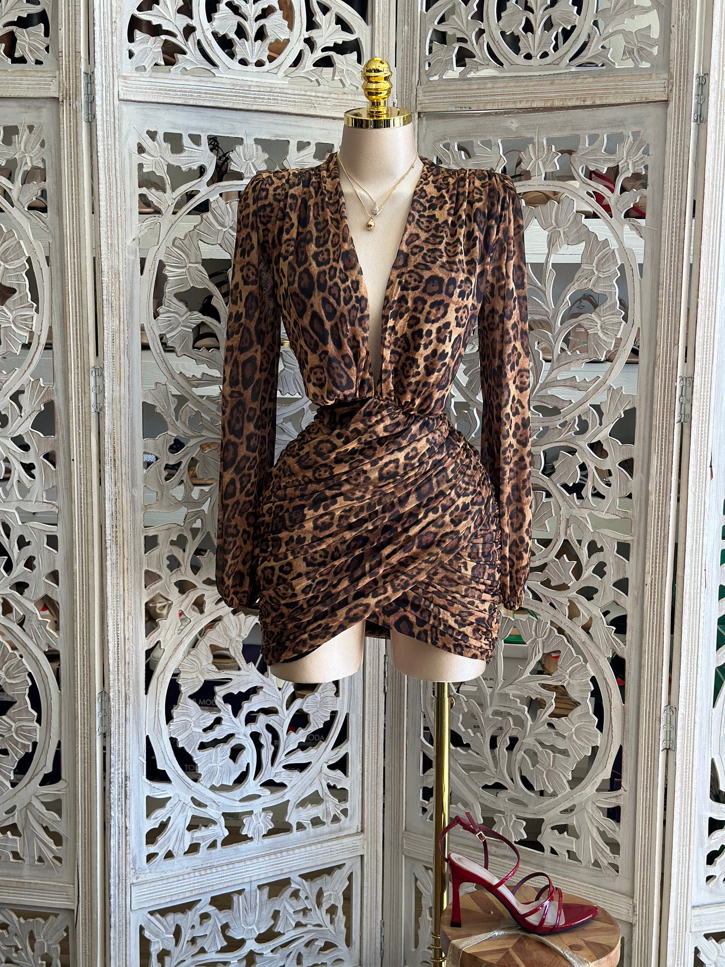 Deep V Wrapped Cheetah Mini Dress- Stretchy, Estira