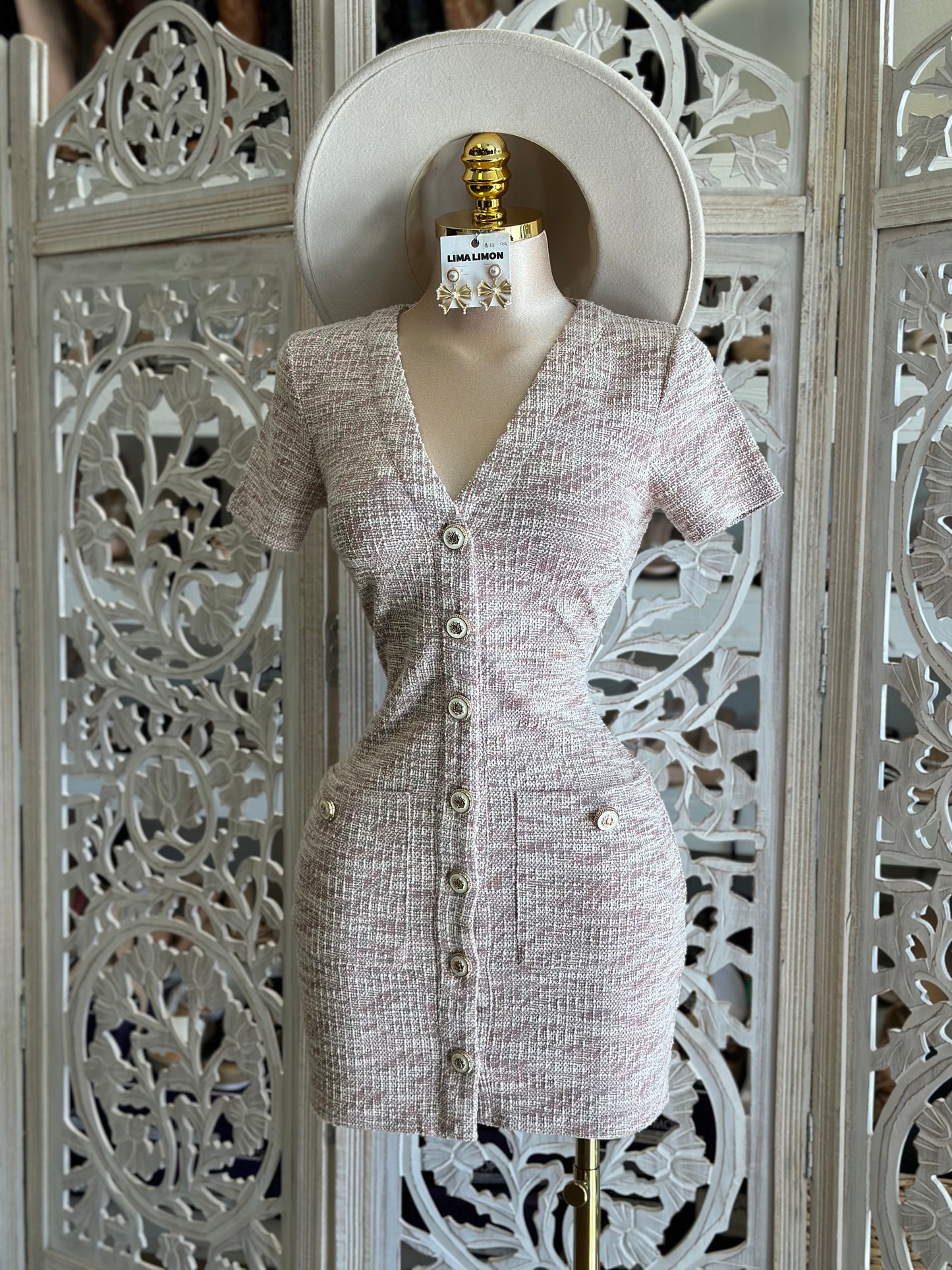 Pale Pink Button Ribbed Mini Dress- Stretchy, Estira