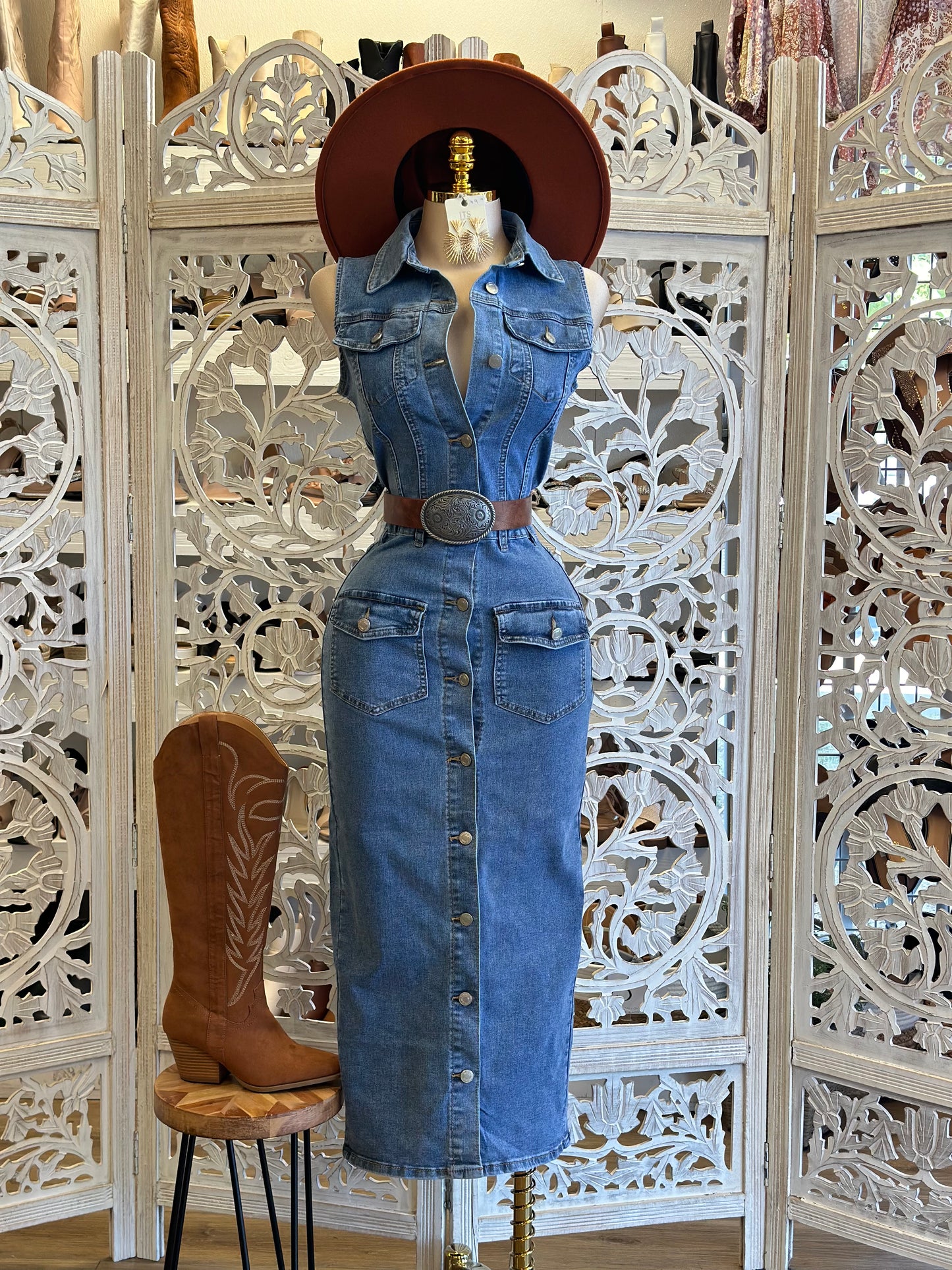 Denim Sleeveless Button Up Midi Dress - Estira, Stretchy