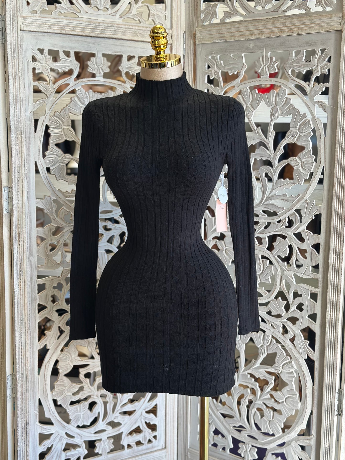 Black Cable Knit Sweater Mini Dress- Stretchy,Estira