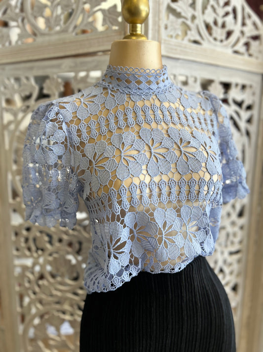 Light Blue Mock Neck Crochet Blouse
