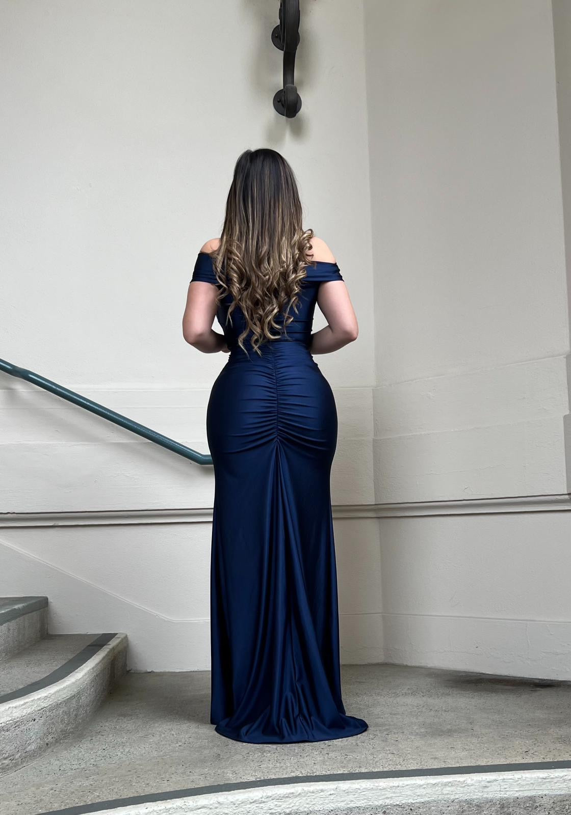 Admiral Blue Ruched Off Shoulder Gown- Stretchy, Estira