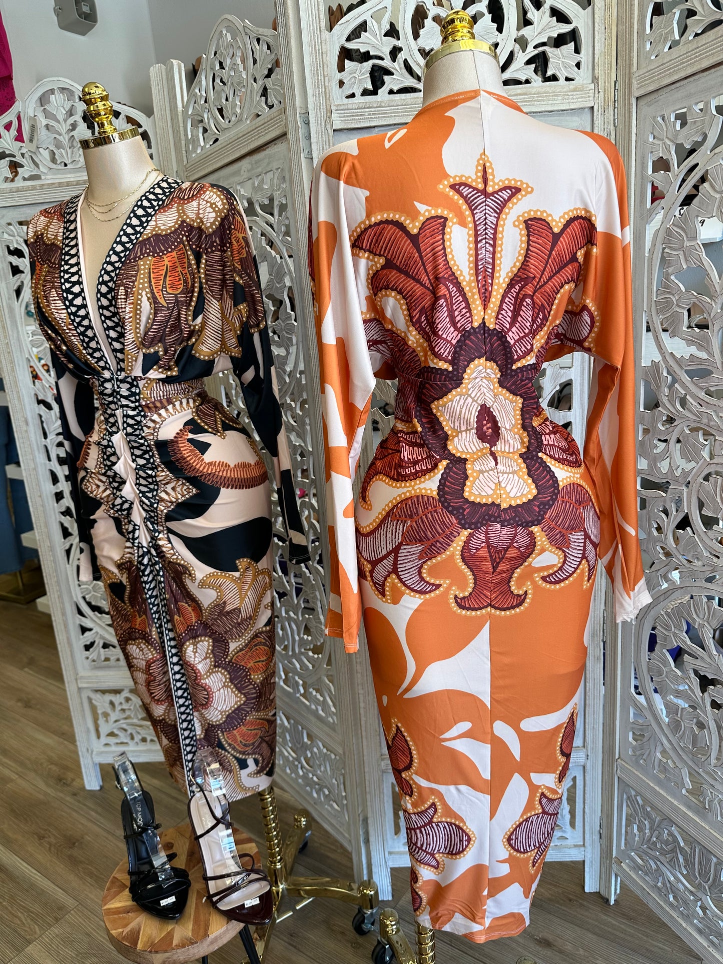 Deep V Multi Print Dress - Estira, Stretchy