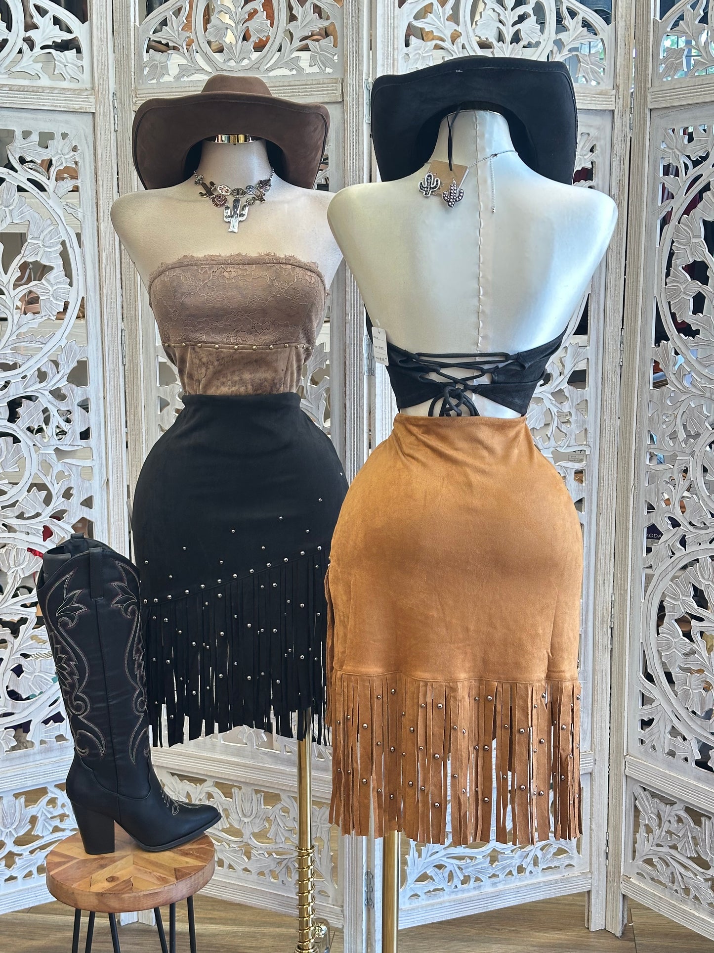 Fringe Studded Midi Skirt- Estira , Stretchy