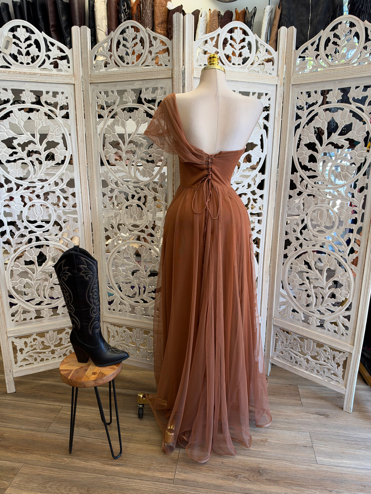 Spiced Ochre Silhouette Dress- Estira , Stretchy