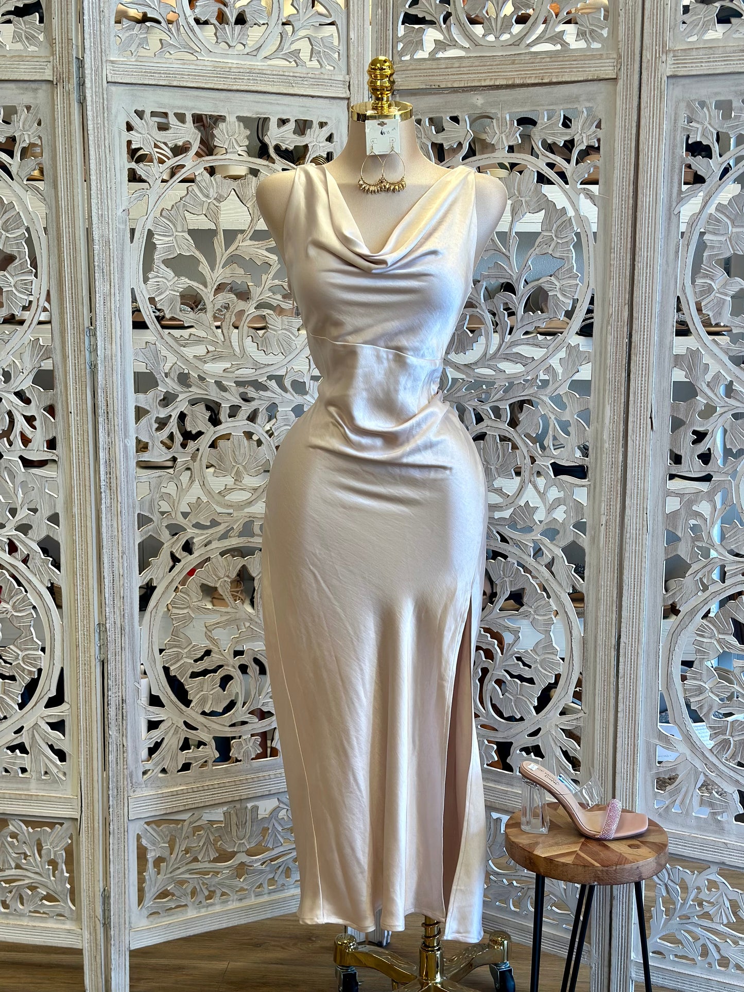 Champagne Cowl Neck Midi Dress-Not Stretchy, No Estira