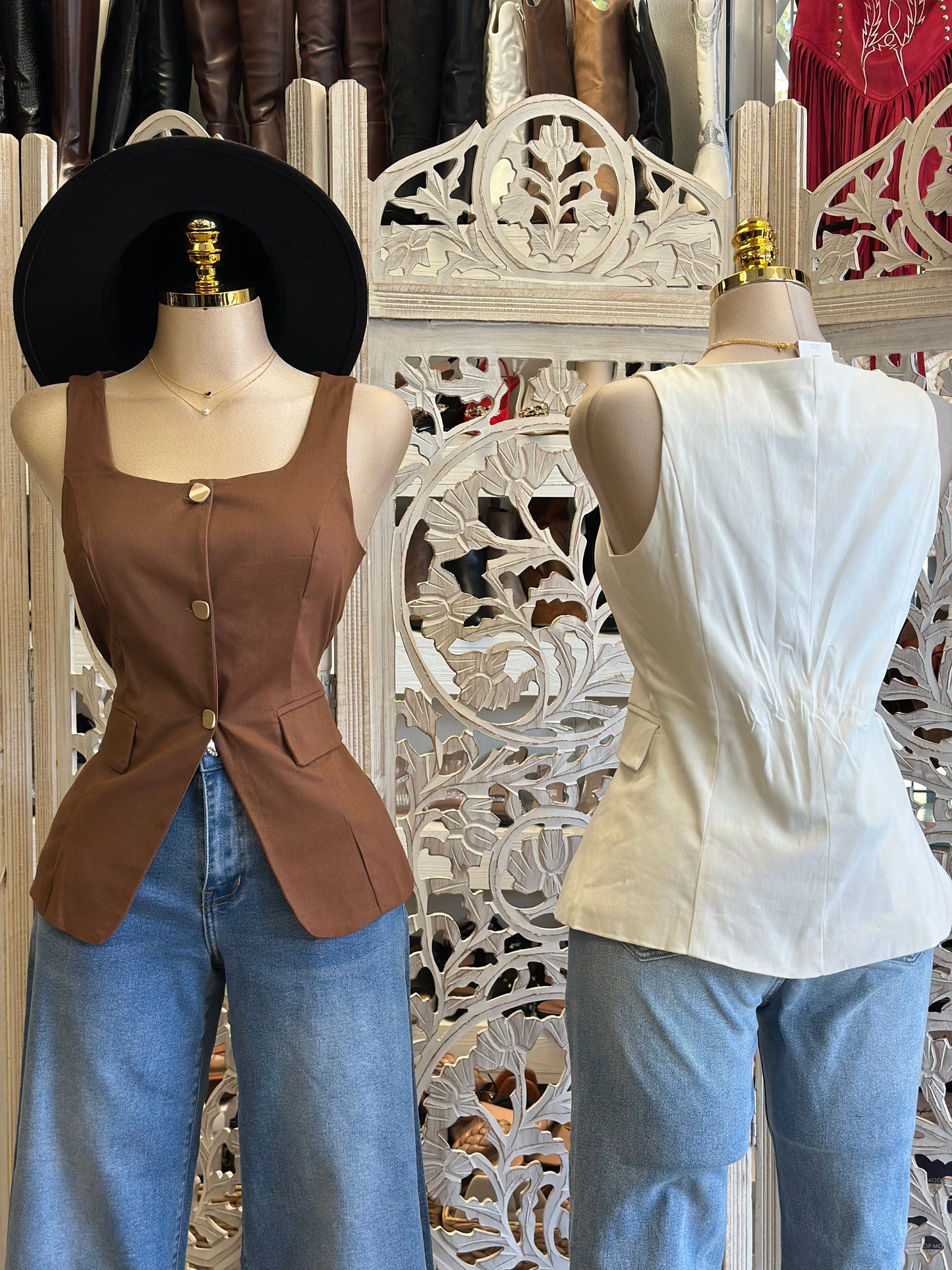 Square Beck Gold Button Blouse Top- Estira, Stretchy