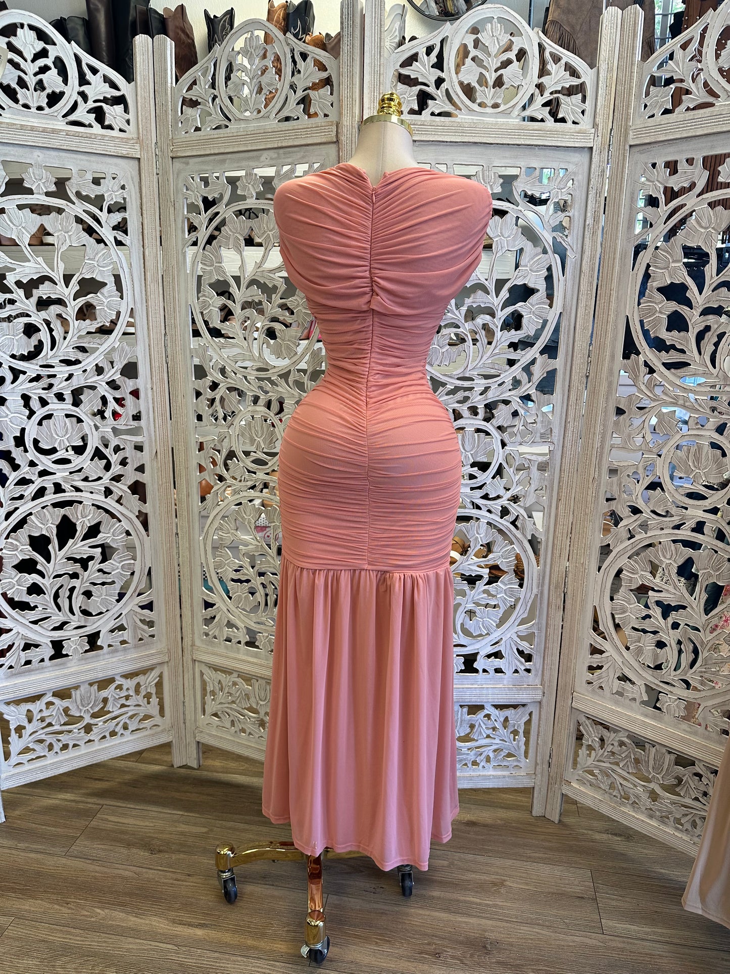 Guava Ruched Covered Evening Dress- Stretchy ,Estira