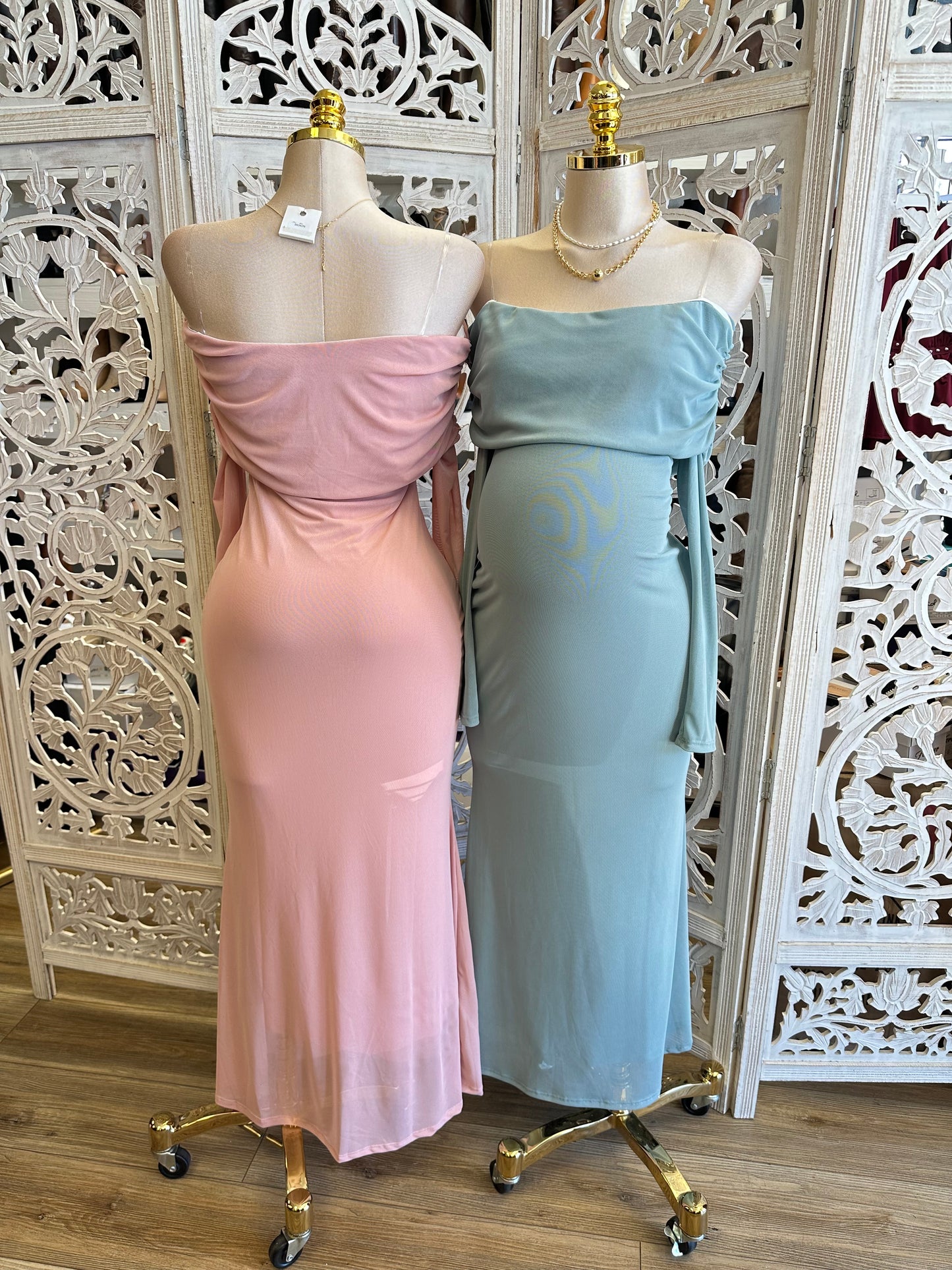 Off Shoulder Mesh Maxi Dress-Stretchy, Estira