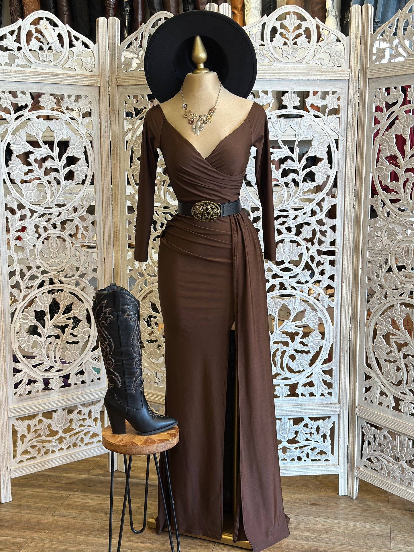 Deep Brown Wrapped Formal Dress- Stretchy,Estira