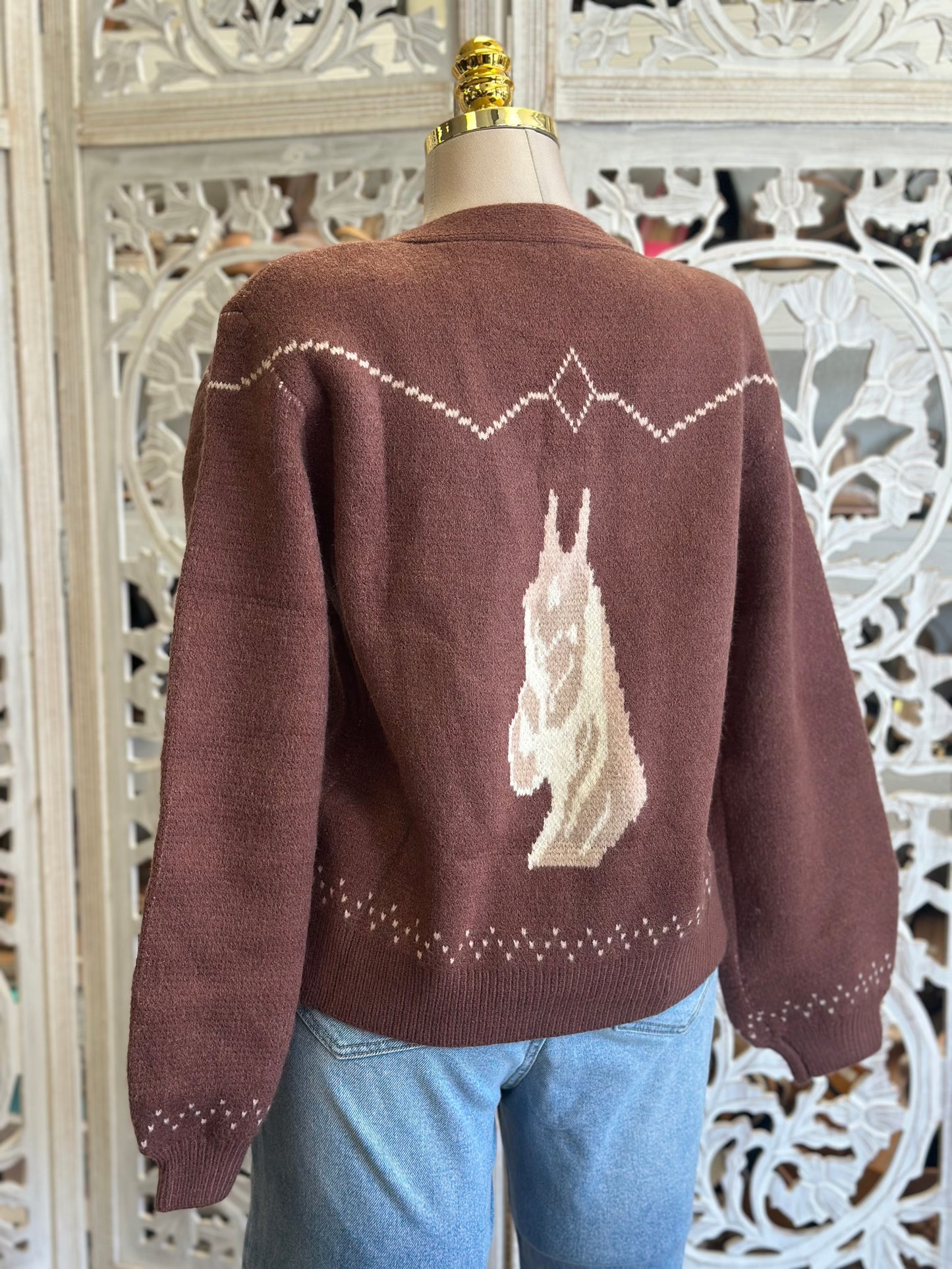 Brown Horse Print Knit Cardigan