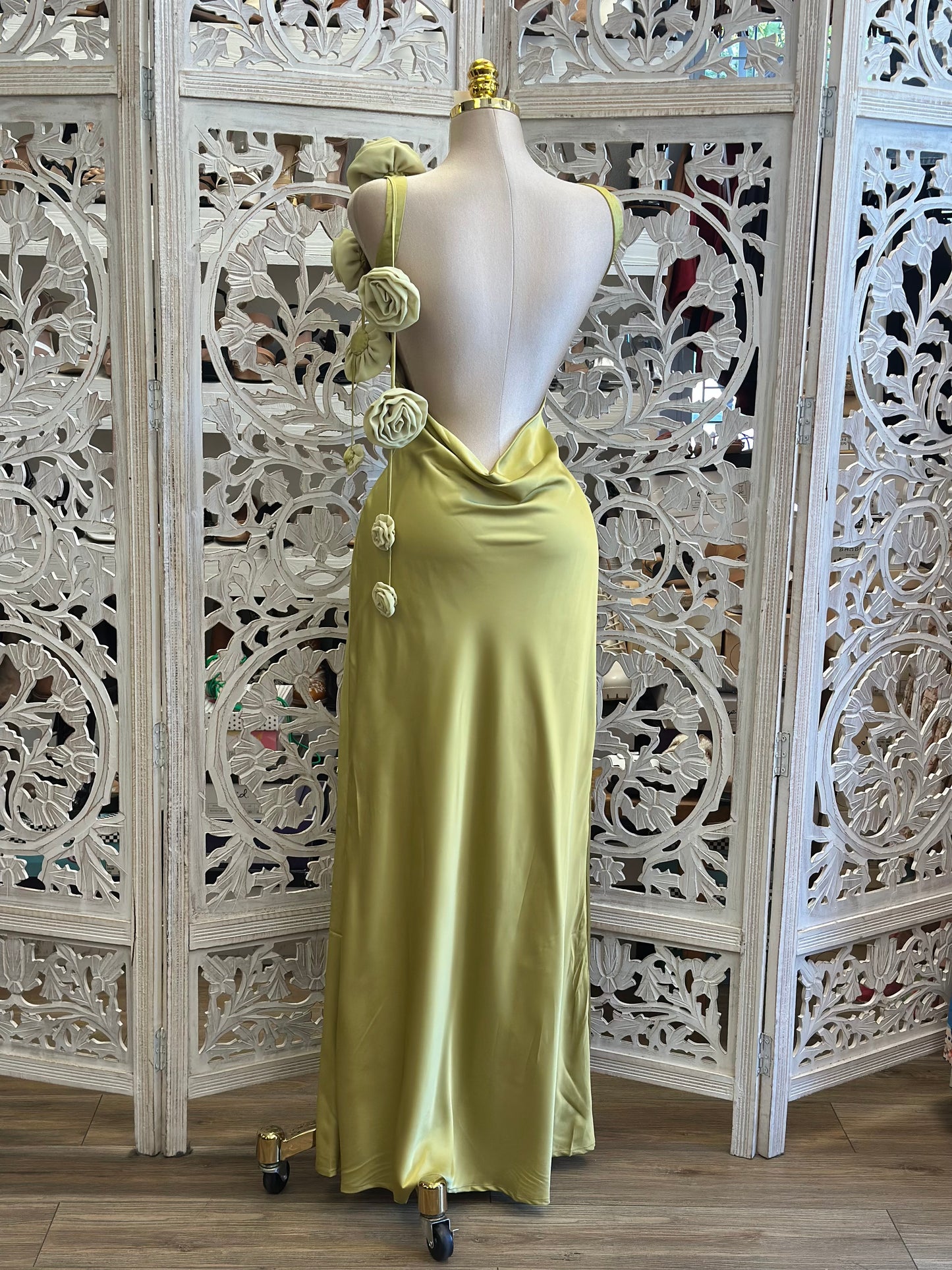 Chartreuse Floral Maxi Dress -Not Stretchy, No Estira